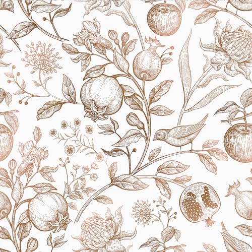 VEELIKE Papel Pintado Flores Beige Vintage Papel Pared Hojas Fruta Tropicales Fotomurales Decorativos Pared Papel Autoadhesivo Pared Flores Blancas Papel Adhesivo para Muebles Dormitorio 44,5cmx300cm