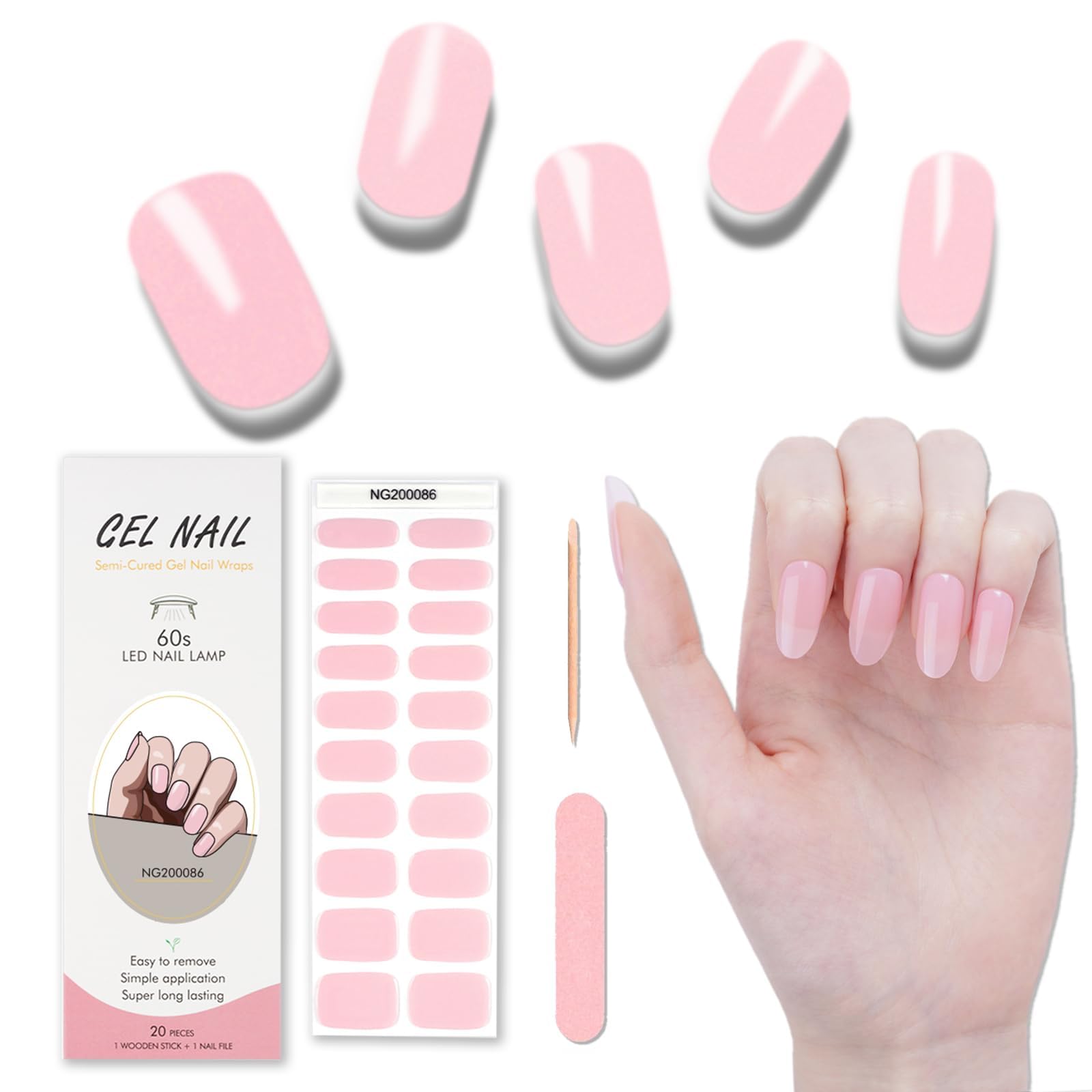 Cazuela Semi-Cured Gel Nail with 1 Wooden Stick + 1 Nail File & Nail Strip, Full Wrap Gel Nail Art Sticker, Waterproof 16PCS Gel Nail Wrap Stickers with Nail File and Sticker (07 Coral Pink)