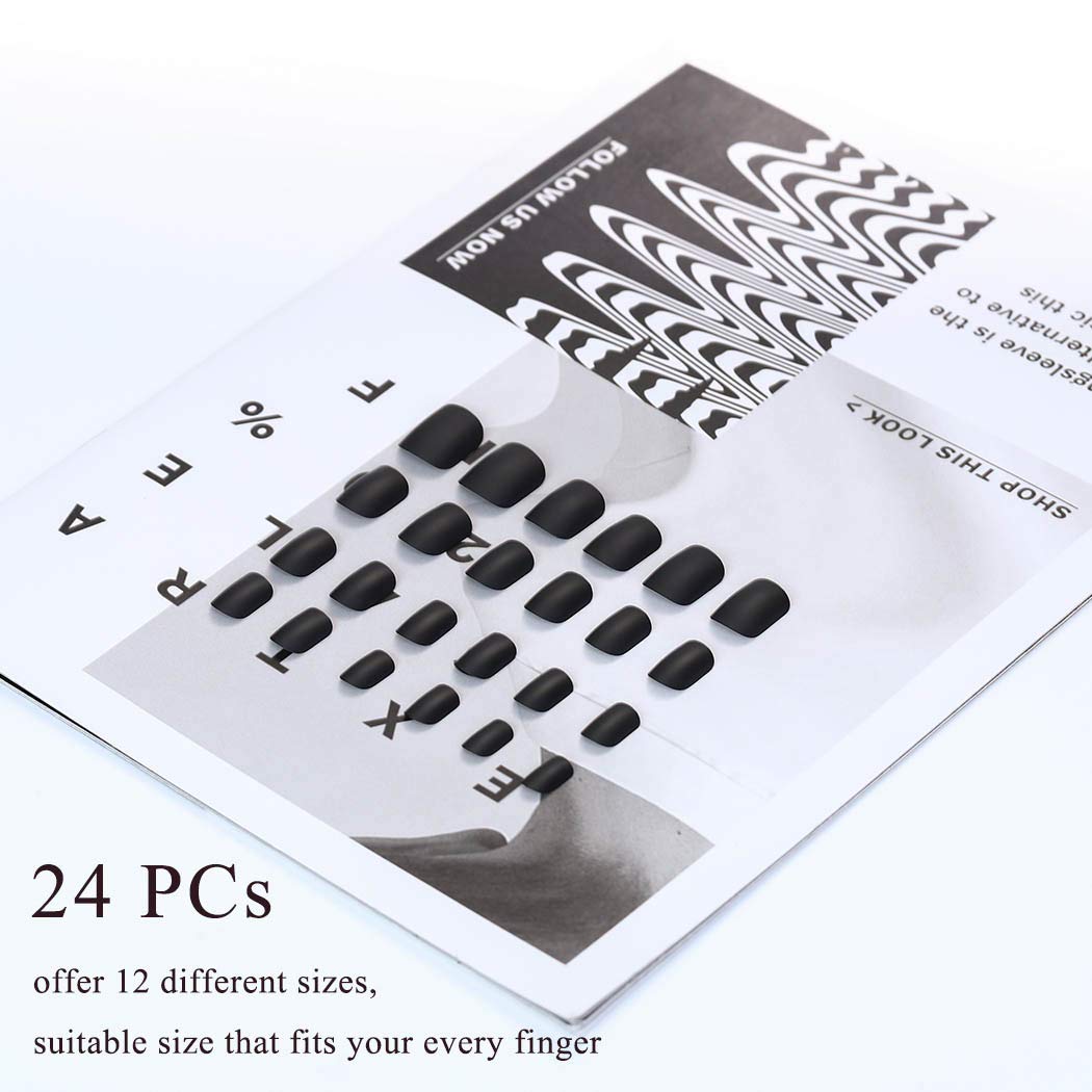 Genbree Black Matte False Nails Short Square Fake Nail Full Cover Short Glossy Press on Nail Art Tips for Women and Girls 24 PCs