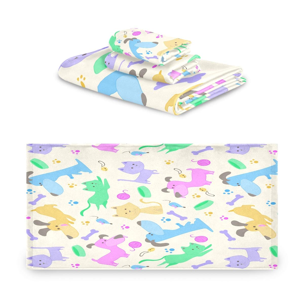 Pie De Perro Colorido Juego de Toallas para Baño Playa 100% Algodón de Piscina Toalla (1 Toalla de Baño y 1 Toalla de Mano y 1 Paño de Lavado) para Nadar Hotel Niñas Niños Niños