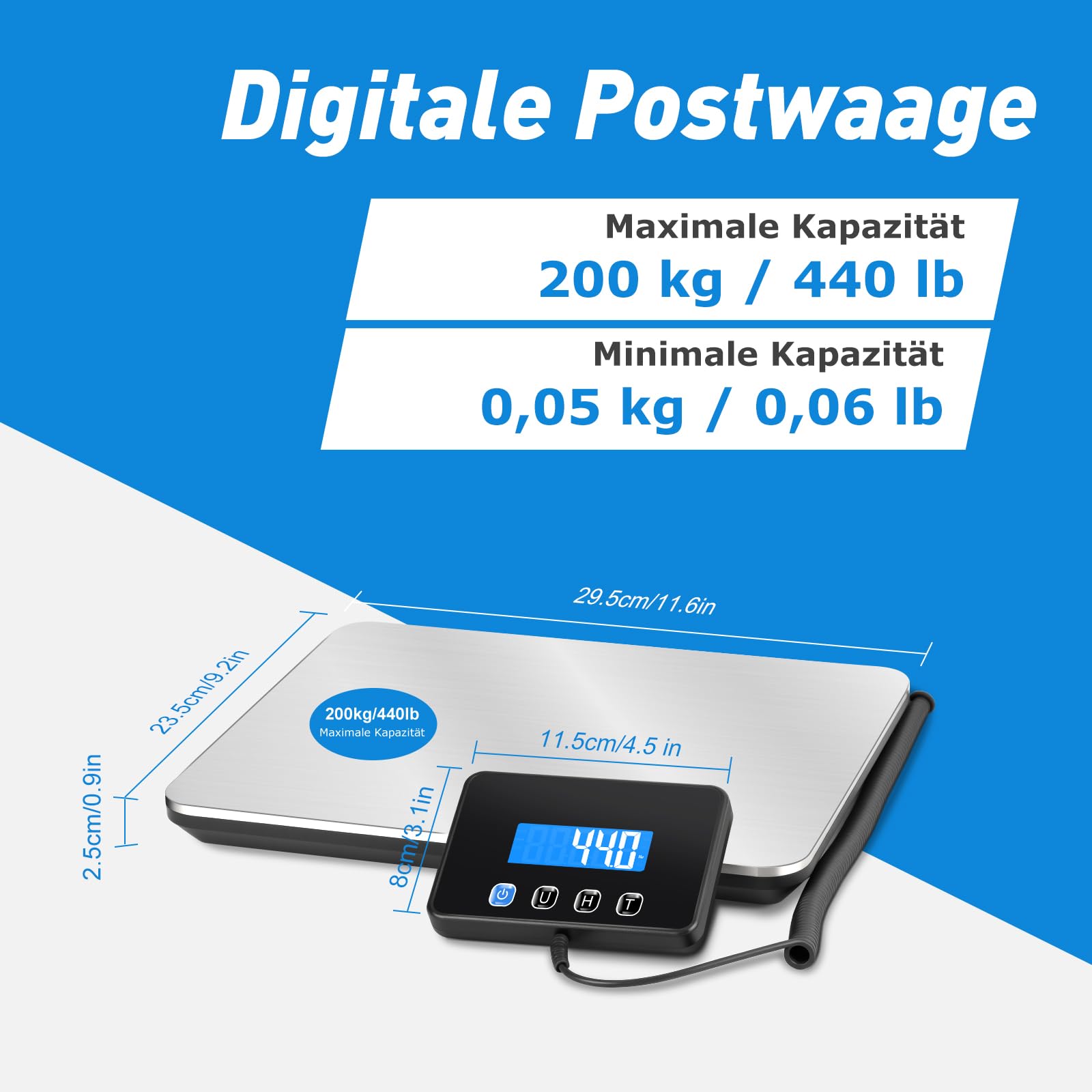 KUAIVO Paketwaage 200kg/10g Hochpräzision Digitalwaage Edelstahl Hold Tara Funktion Aufladbar