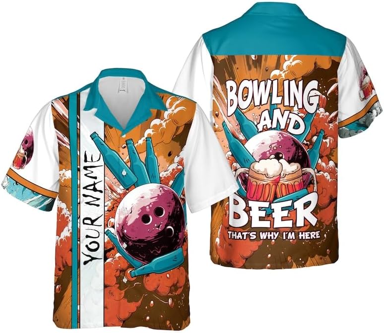 Generic Personalized Bowling and Beer Hawaiian Shirt Bowling Team Shirt Button Down Shirt Aloa Beach Shirt for Dad, Black