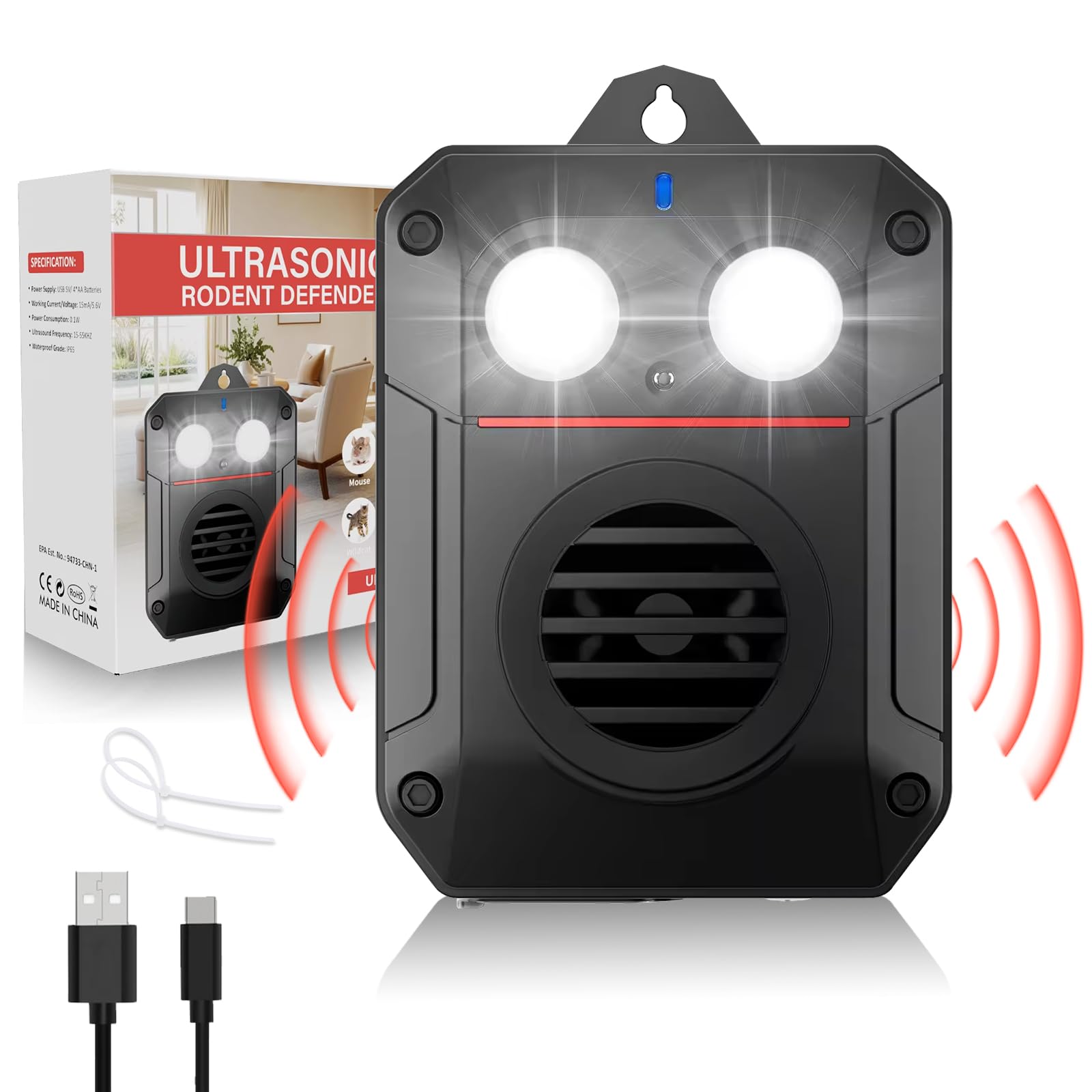 Ultrasuoni per Topi da Esterno Interno per Circa 200m², Repellente Topi & Martore con Luce Lampeggiante, Connessione USB o a Batteria, IP65 Dissuasore per Topi per Auto, Garage, Casa, Giardino