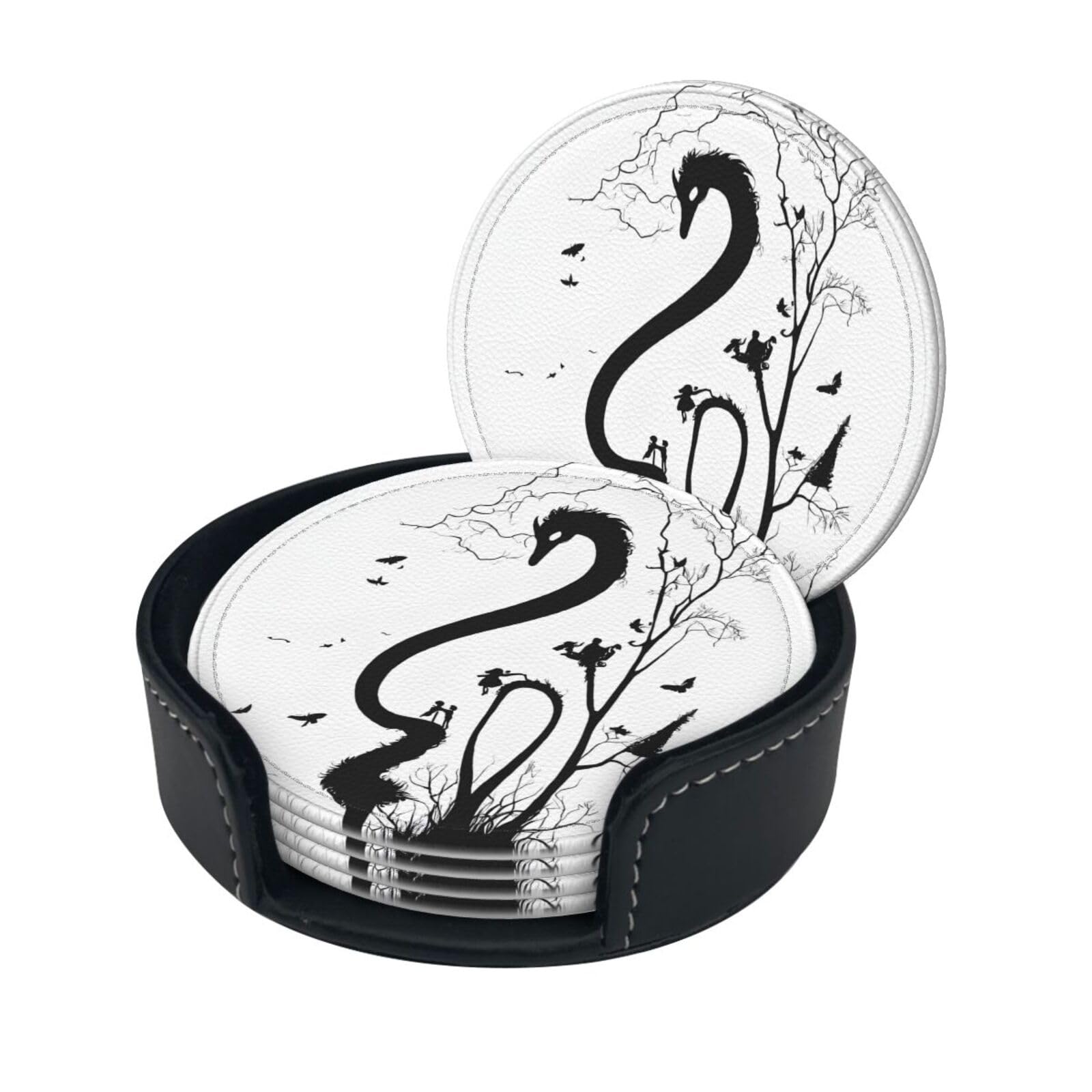 Black Music Notes Print Coaster,Round Leather Coasters with Storage Box for Wine Mugs,Cold Drinks and Cups Tabletop Protection (6 Piece)