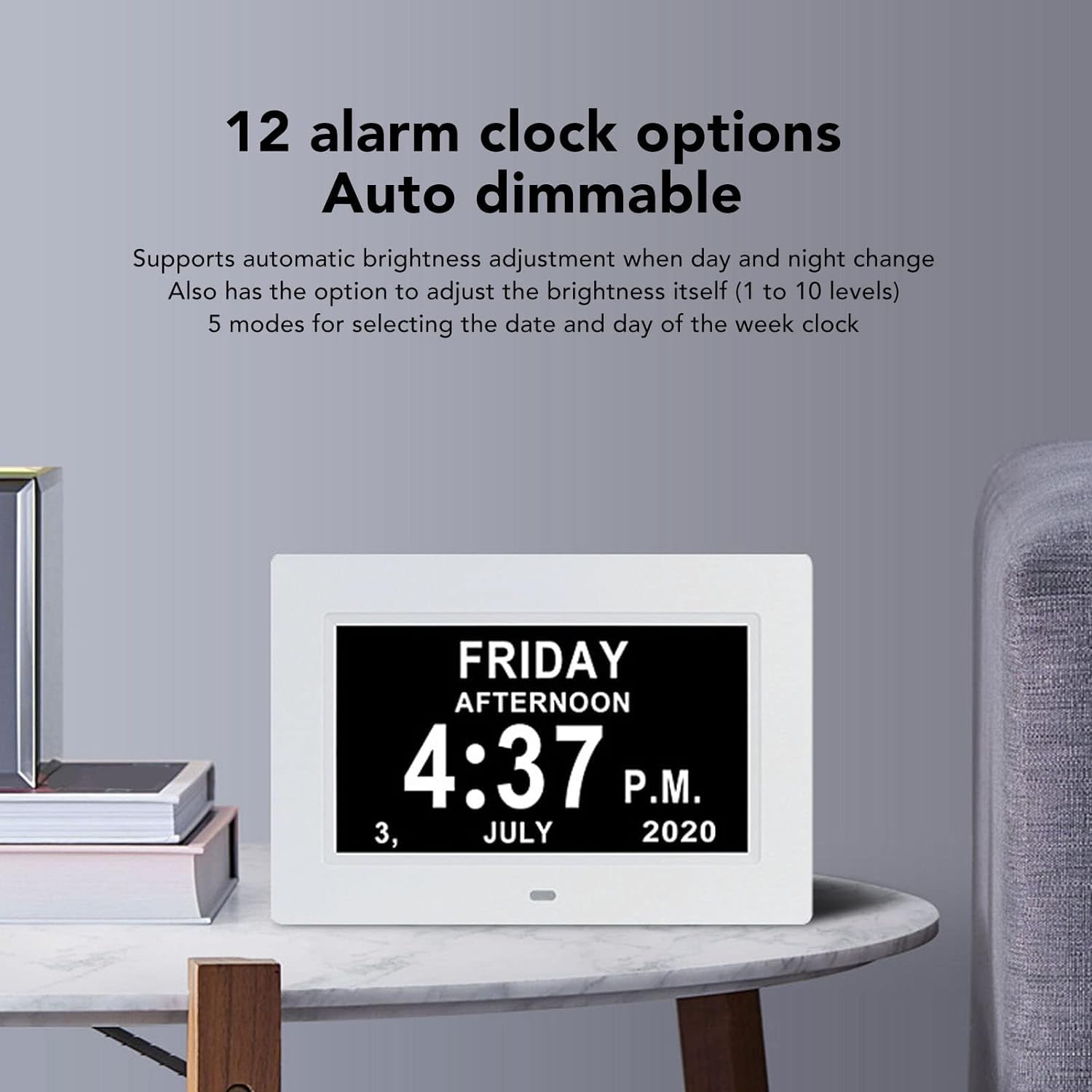 Despertador digital de 7 pulgadas con ajuste automático de brillo, pantalla LCD silenciosa, despertador con humedad y temperatura, para adultos y niños y enfermedad de Alzheimer (blanco)