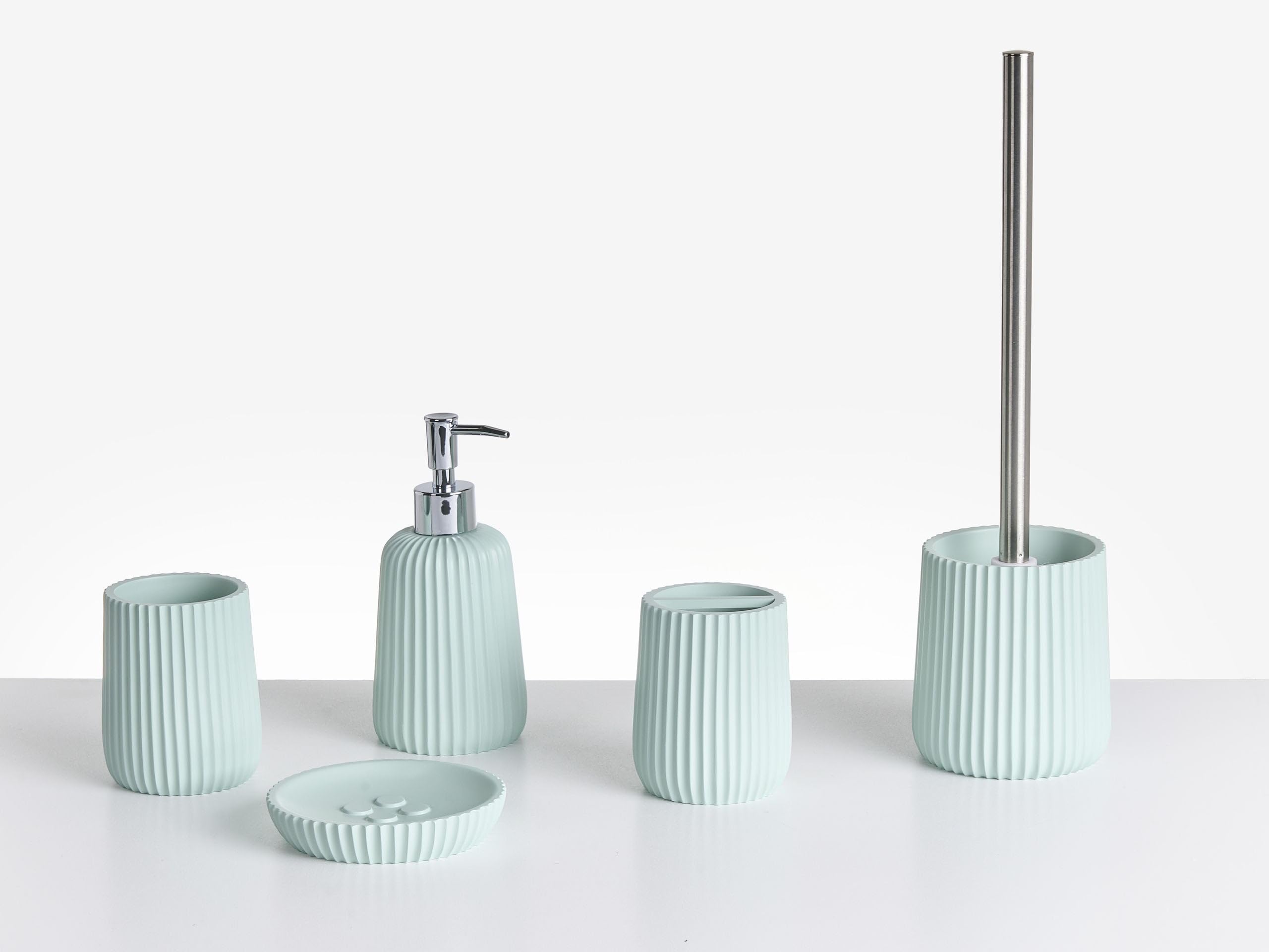 Conjunto de 5 Accesorios de baño jabonera dispensador de jabón escobilla de Inodoro Vaso Soporte para cepillos de Dientes Verde Menta Pozuzo