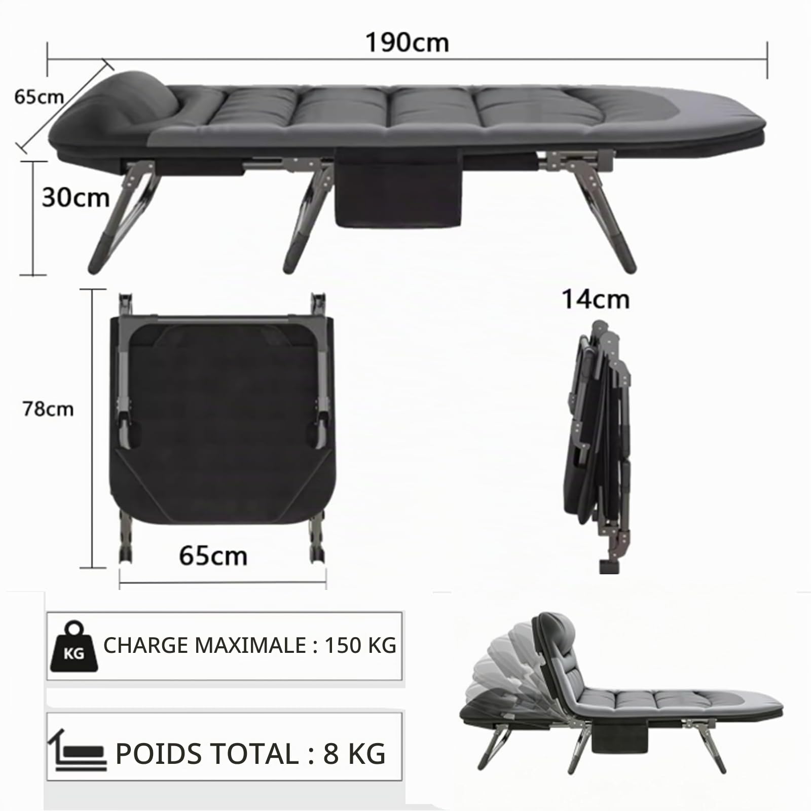 Lit de Camping Pliable XXL, Lit de Camp Pliant avec 6 Dossiers Réglables, Chaise Longue Pliable, Matelas et Poche Latérale Inclus, pour Intérieur, Extérieur, Jardin, Pêche(Gris)