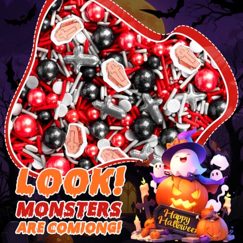Image of Halloween Edible Sprinkles,Confetti Mix,130g Red Black Silver Sugar Sprinkles with Tombstone Shapes,Jimmies and Sugar Pearls,Food Grade Baking Toppings for Halloween Party,Cake,Cupcake,Cookie, ce Cream,Dessert Decoration