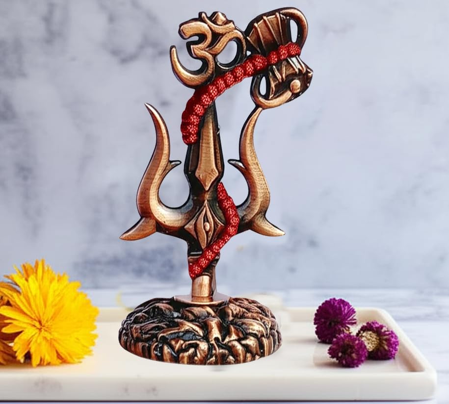 Image of Shivji Trishul Damru and Aum Idol for Mandir, Shiva Idol Car Dashboard Decoration Items Statue Metal Showpiece for Pooja Room Home Decor