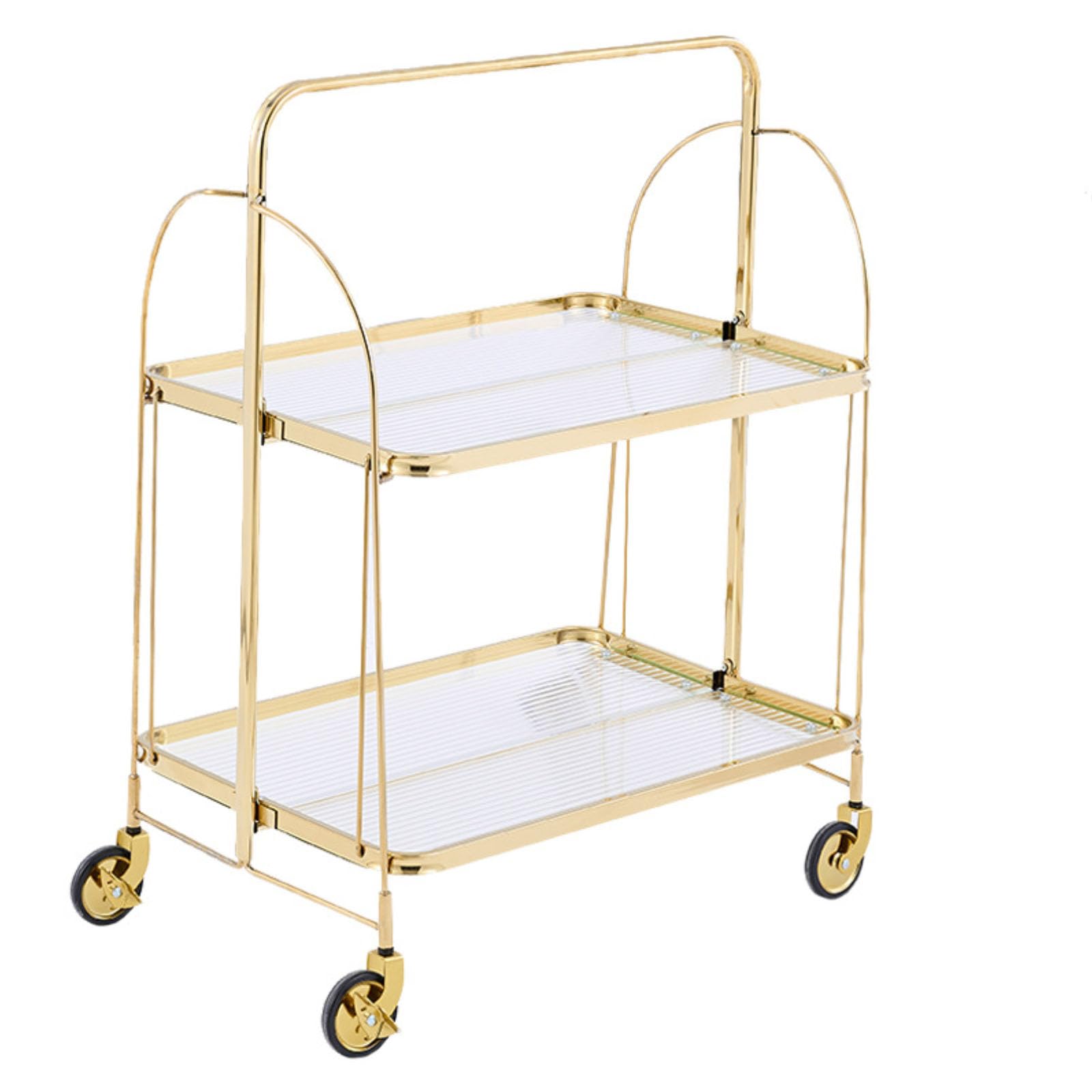 Carrelli Pieghevoli in Metallo E Vetro, Carrello Pieghevole con Ruote, Organizer Mobile, Scaffale Portaoggetti per Soggiorno,d'oro
