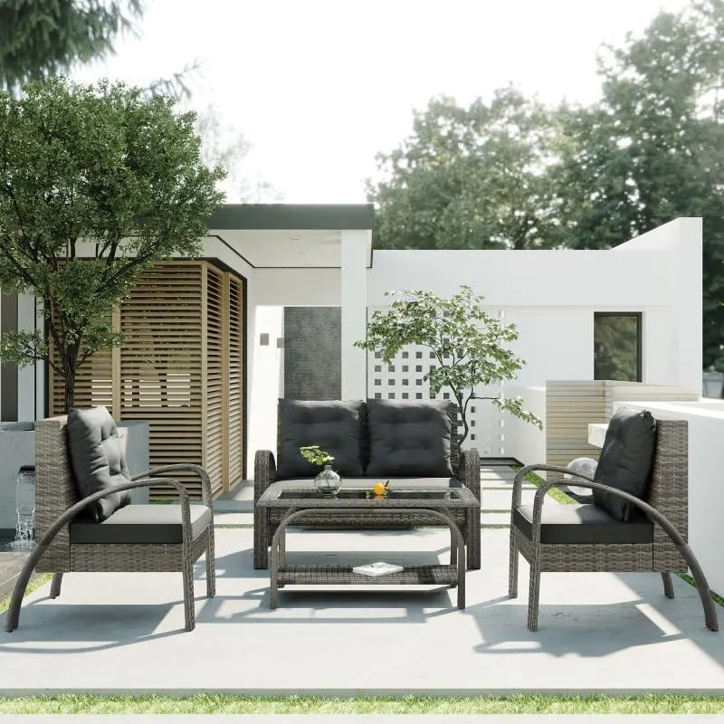 Outdoor Furniture Set, Outdoor Furniture,Patio Conversation Sets, 4 PCS Outdoor Patio Furniture Rattan Sofa Set, All-Weather PE Wicker Conversation Set with Tempered Glass Table and Cushion Gray