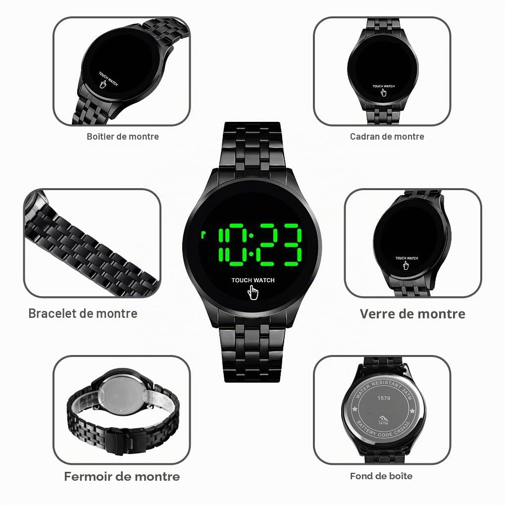 Gosasa Montre de poignet en acier inoxydable avec écran tactile numérique LED, imperméable, pour homme et femme, sportif, décontracté, Noir