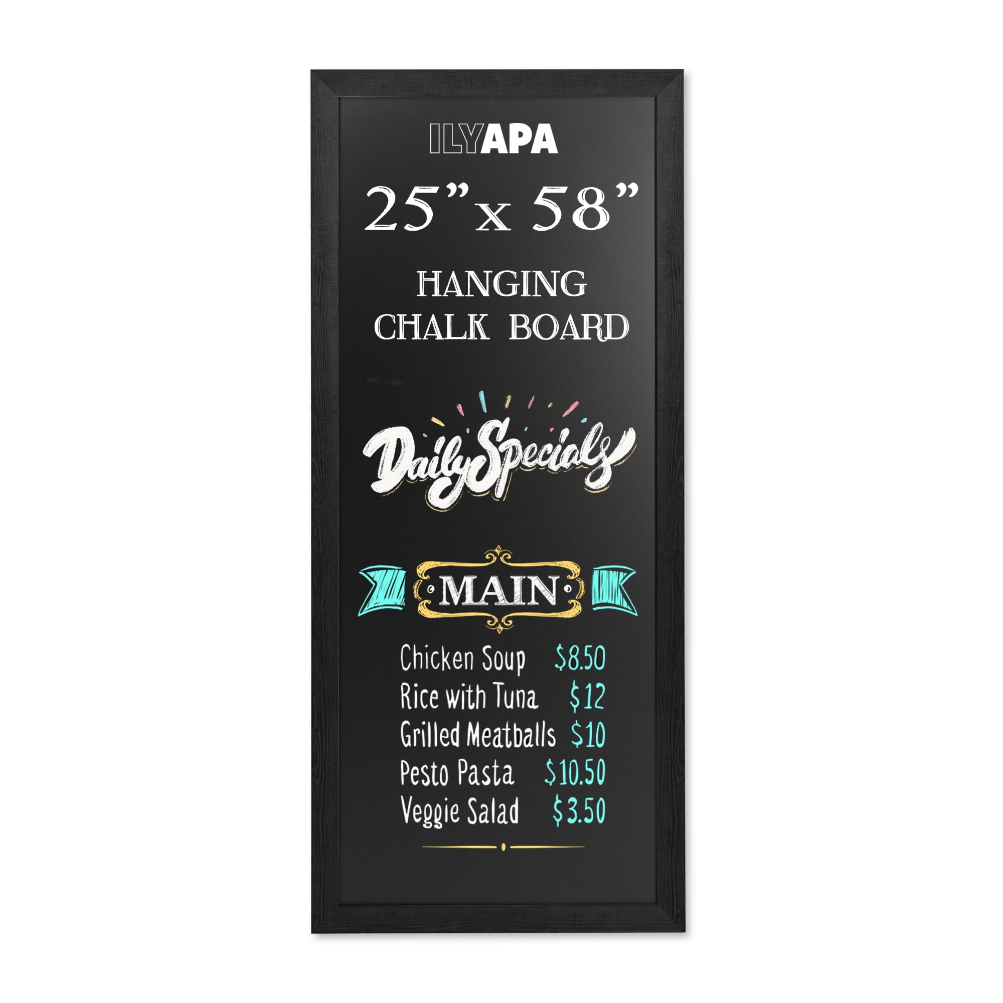 Ilyapa Extra Large Black Magnet Board for Wall - 58 x 25 Inches Wood Wall Hanging Menu for Restaurant, Food Truck, Kitchen or First Day, Black Color