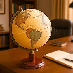 Globo Terrestre Físico Retrô Giratorio 360 22cm com Base de Madeira Para Escola Educativo Decora Mesa Escritório Bege Premium