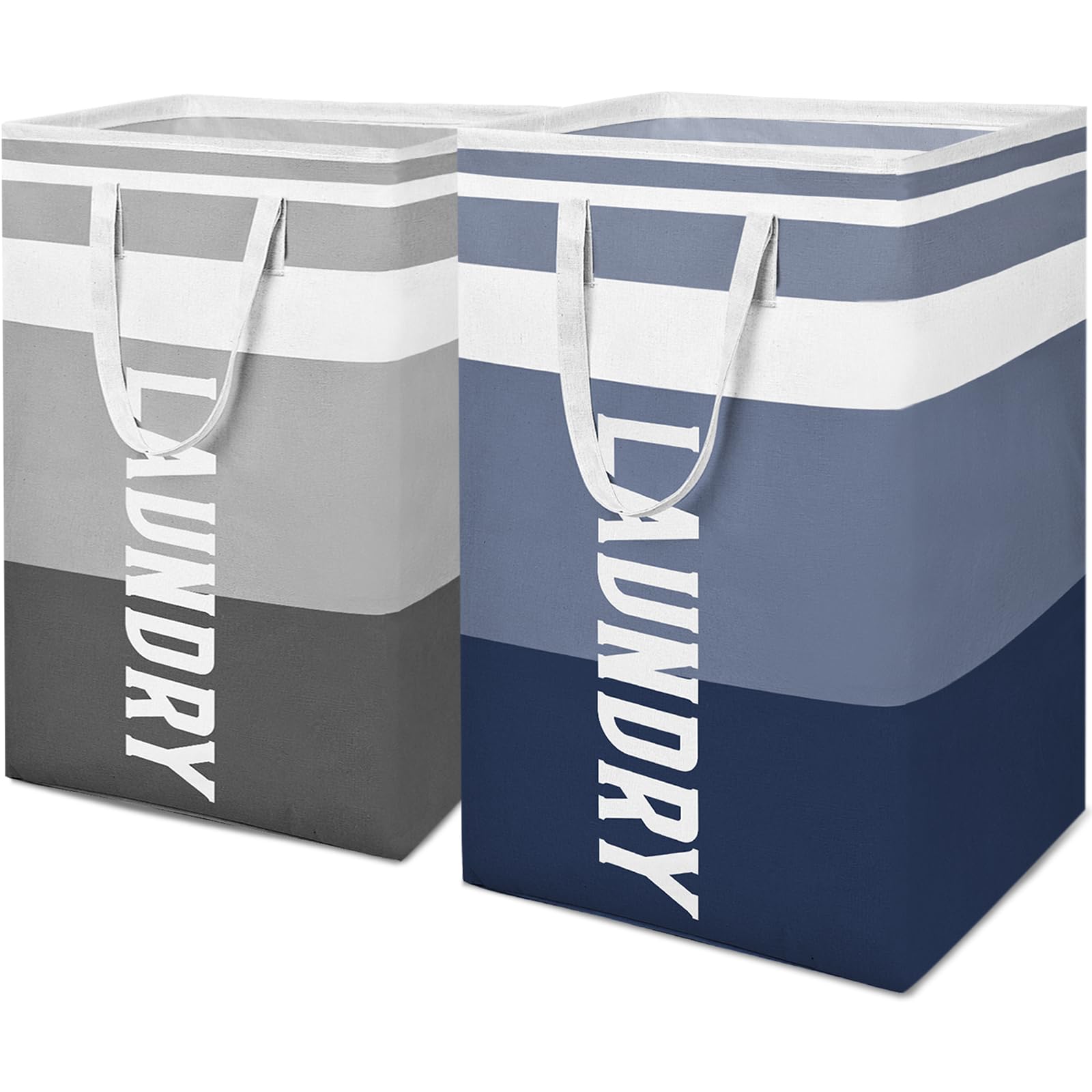 2-Pack 75L Laundry Hamper Collapsible Waterproof Laundry Basket with Easy Carry Handles Freestanding Tall Clothes Hampers for Laundry Bedroom Bathroom (Grey & Dark Blue)