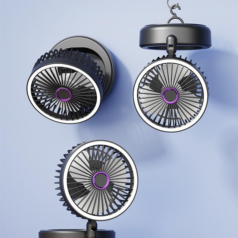 4-in-1 Portable Folding Fan with Light, Rechargeable Wall Mount Desktop Travel Camping Clip-On Desk Fan, Adjustable Height & Tilt, 5 Speed Settings, Powerful Quiet Foldable Small Desk Fans (Gray)