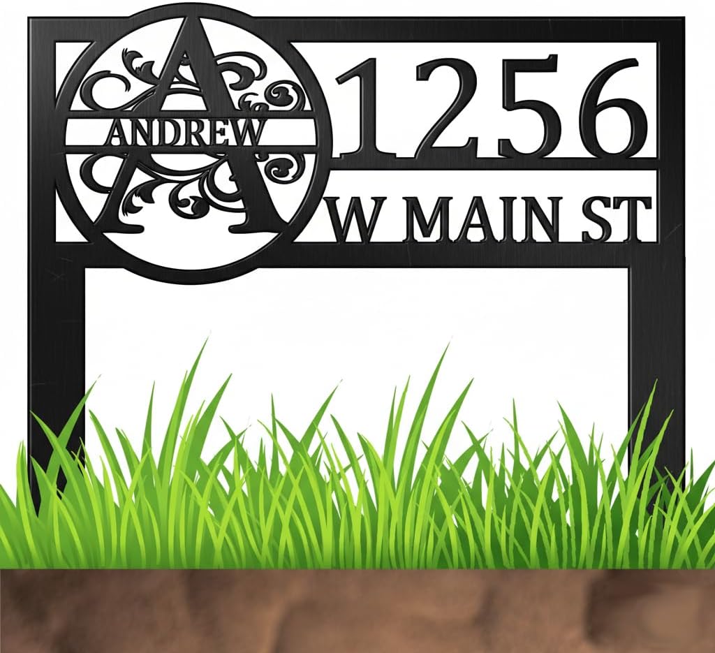 Personalized Metal Yard Address Sign with Stake, Metal Address Sign, Large Outdoor House Number Sign for Yard, Custom Name Street Address Monogram, Waterproof Rustproof