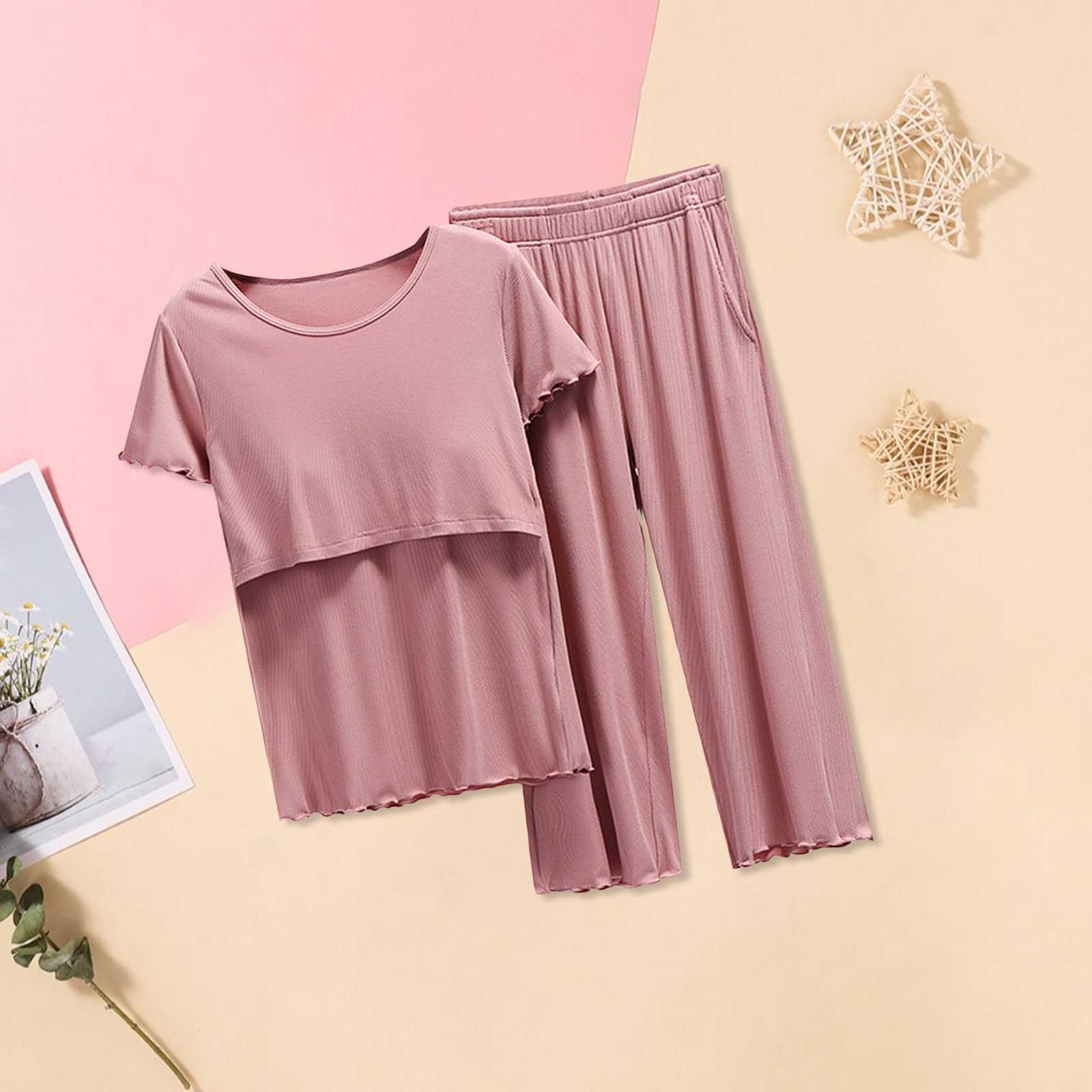 Generisch Pyjama Femme Court Amusant Allaitement Femmes Chemise et Ensemble T Bébé Maternité Tops Short Pantalon Maternité Sommeil Manteau Longueur Genou Femme