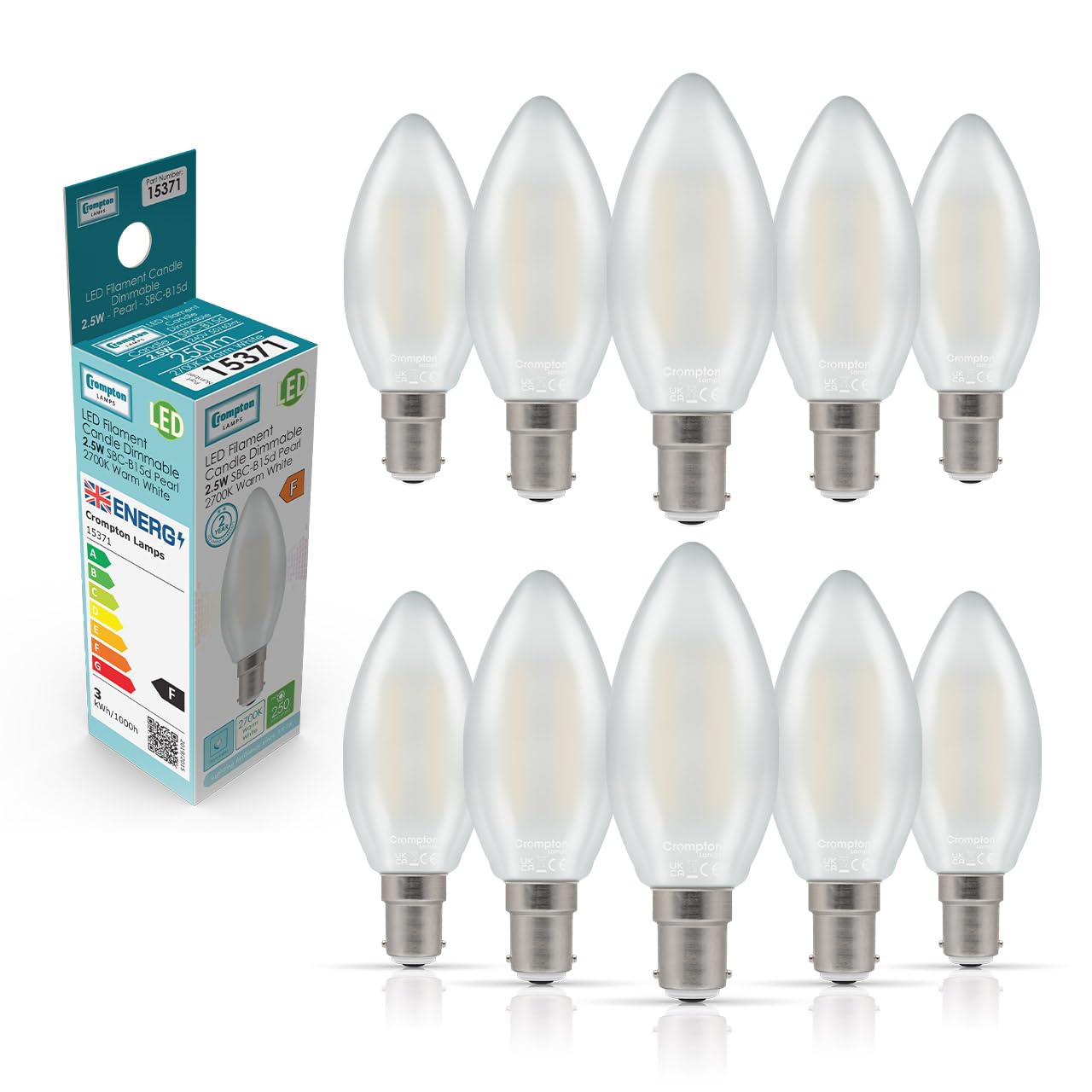 Crompton Lamps Filament Candle LED Light Bulb SBC-B15d | 2.5W = 25W Equivalent | Warm White 2700K | Energy Efficient | Small Bayonet Lightbulb | Long Life 15000-Hrs | Pearl Glass | Dimmable | 10-Pack