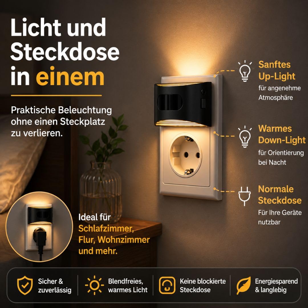 Luce notturna a LED con sensore di movimento per presa, luce bianca calda, sensore crepuscolare, confezione da 2
