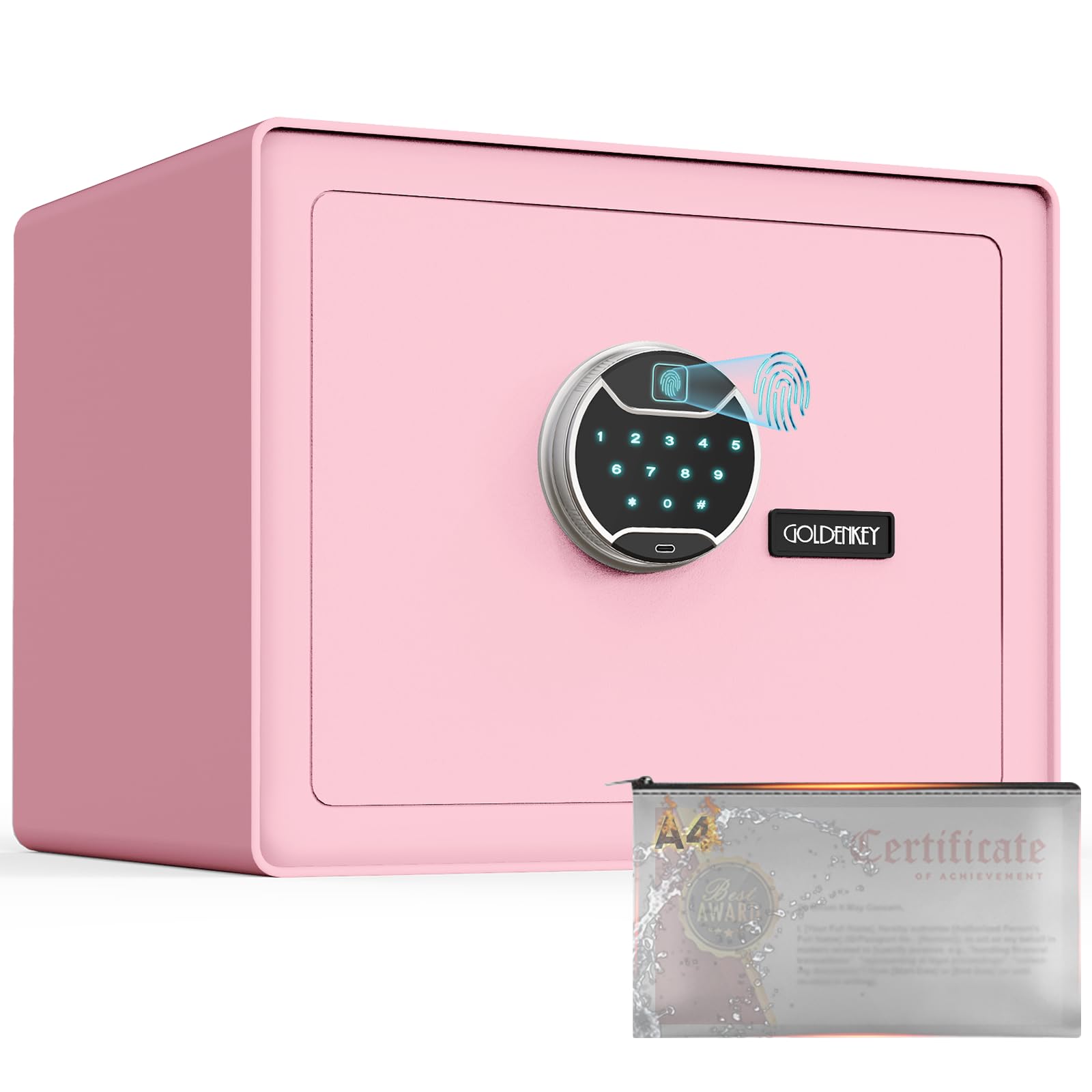 GoldenKey Cassaforte per impronte digitali rosa, cassaforte di sicurezza biometrica da 1,6 m Cu Ft con tastiera touchscreen, cassaforte per gioielli per contanti, cassaforte impermeabile ignifuga per