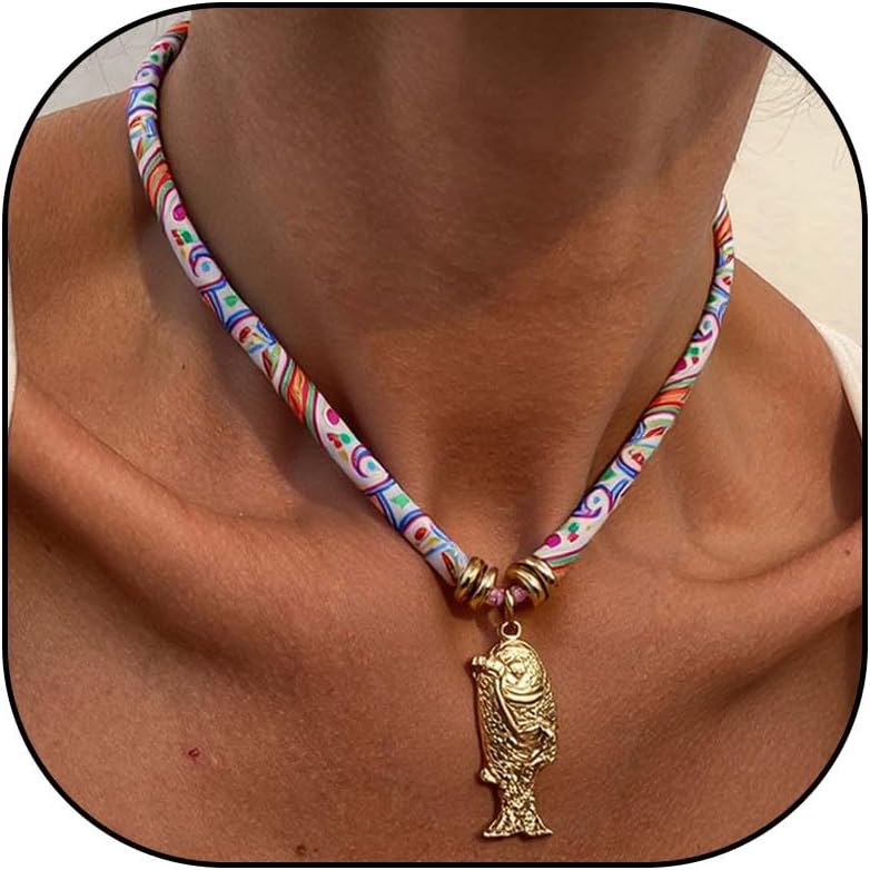 Aonklot Scarf Necklace with Charm Fish Charm Necklace Conch Shell Jewelry Beach Starfish Necklaces Conch Costume Jewelry