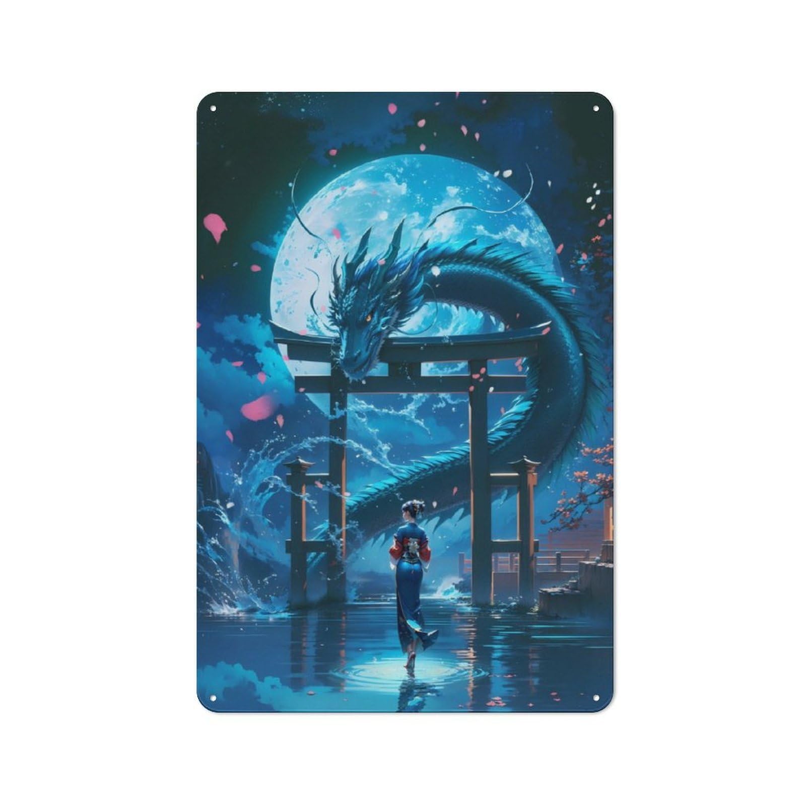Junmoney Geisha And Blue Dragon Metal Sign 30X20cm With For Workshop Wall, Rustic Decor, For Collectors Decorating Workshops And Hobby Rooms