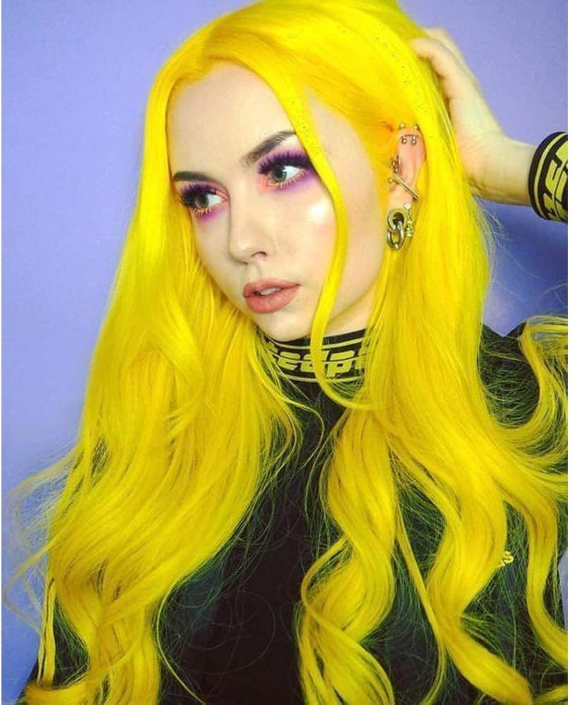 Lemon Yellow Lace Front Wig Synthetic Long Yellow Natural Wavy Free Part Wig Synthetic Heat Resistant Fiber Cosplay Party Makeup Wigs for Women 24 Inch