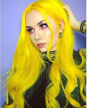 Lemon Yellow Lace Front Wig Synthetic Long Yellow Natural Wavy Free Part Wig Synthetic Heat Resistant Fiber Cosplay Party Makeup Wigs for Women 24 Inch