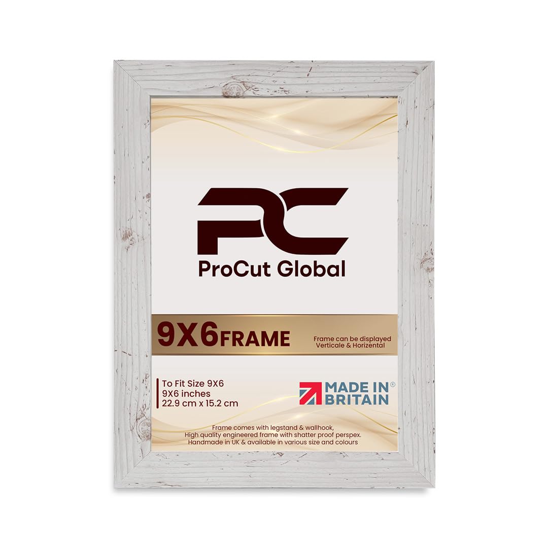 Procut Global 9X6 White Rustic Picture Frames - Modern Wooden Photo Frame with Shatterproof Perspex for Wall or Tabletop - Perfect for Posters, Certificates, Prints - Sizes & Colors Available