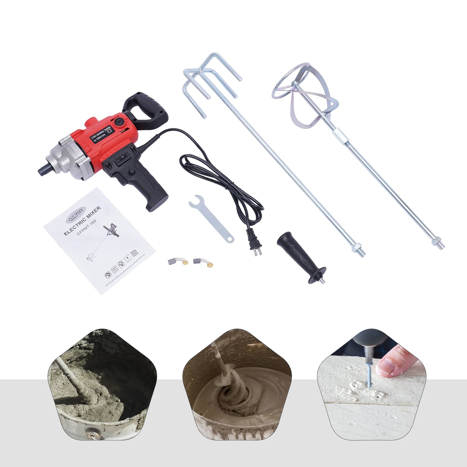 Mortero eléctrico de 2400 W, mezclador de pintura de yeso, cemento, lechada, hormigón, 1200 rpm, juego de mezclador de taladro con mango de pala, máquina de perforación eléctrica con cable