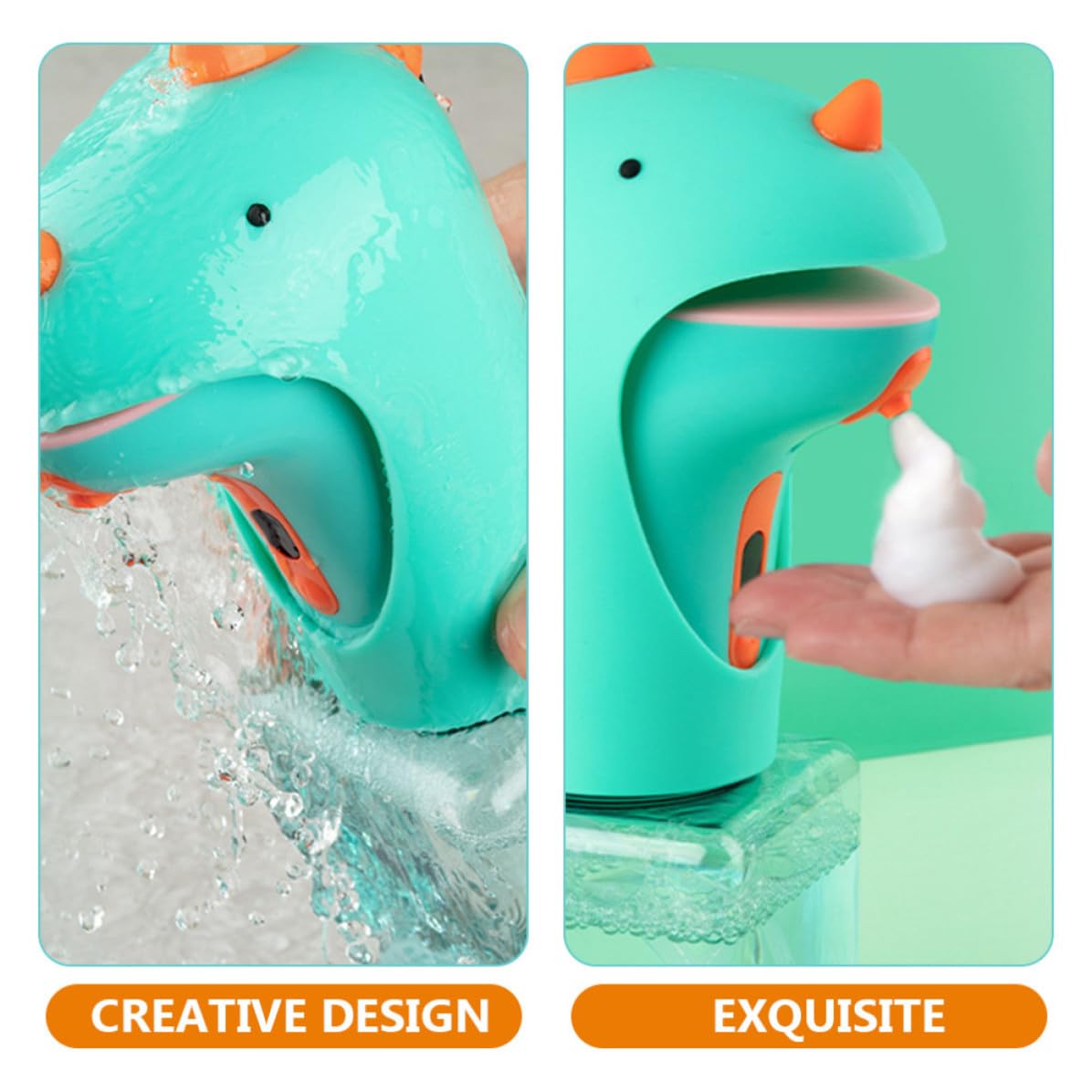 TEHAUX Dispensador de Jabón sin Contacto Dispensador de Jabón Automático de Dinosaurio de Dibujos Animados, Verde, Silicona, Abs y Petg, Antideslizante, Ligero, Cocina y Uso Diario