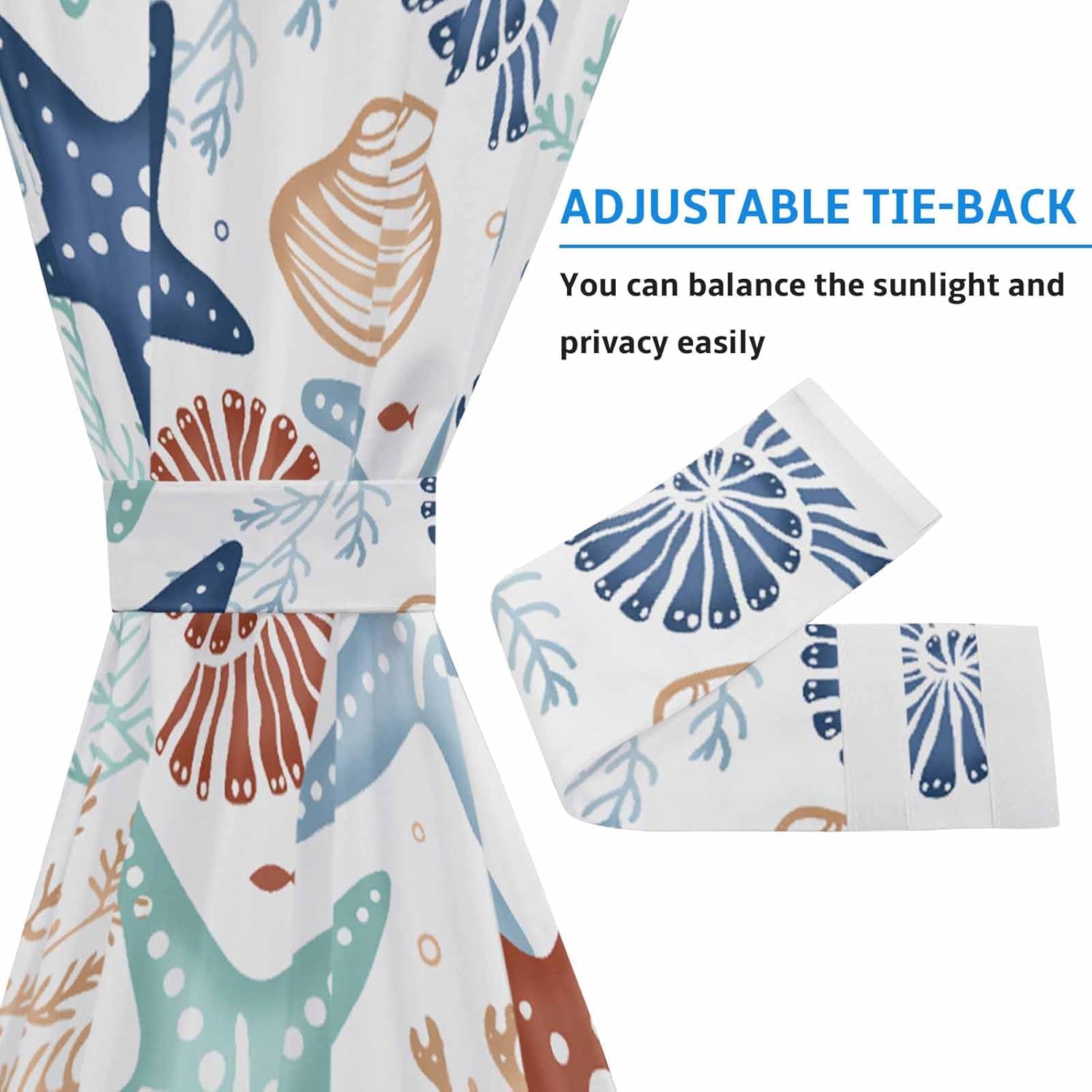 Starfish Navy Door Curtains for Door Window, French Sidelight Front Back Door Curtains with Tieback, Kitchen Rod Pocket Drapes Panel 54"x72" Teal Brown Blue Shell Ocean Coral Conch