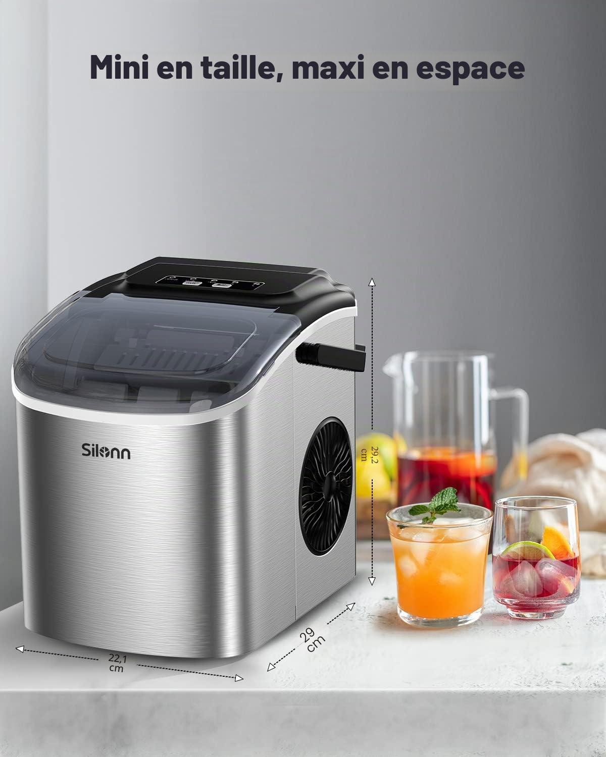 Silonn Machine à Glaçons Petite Machine à Glaçons avec Poignée de Transport, 9 Glaçons en Seulement 6 Min., 12 kg de Glace en 24 Heures.Autonettoyante Compacte avec 2 Tailles de Glaces, Idéal pour