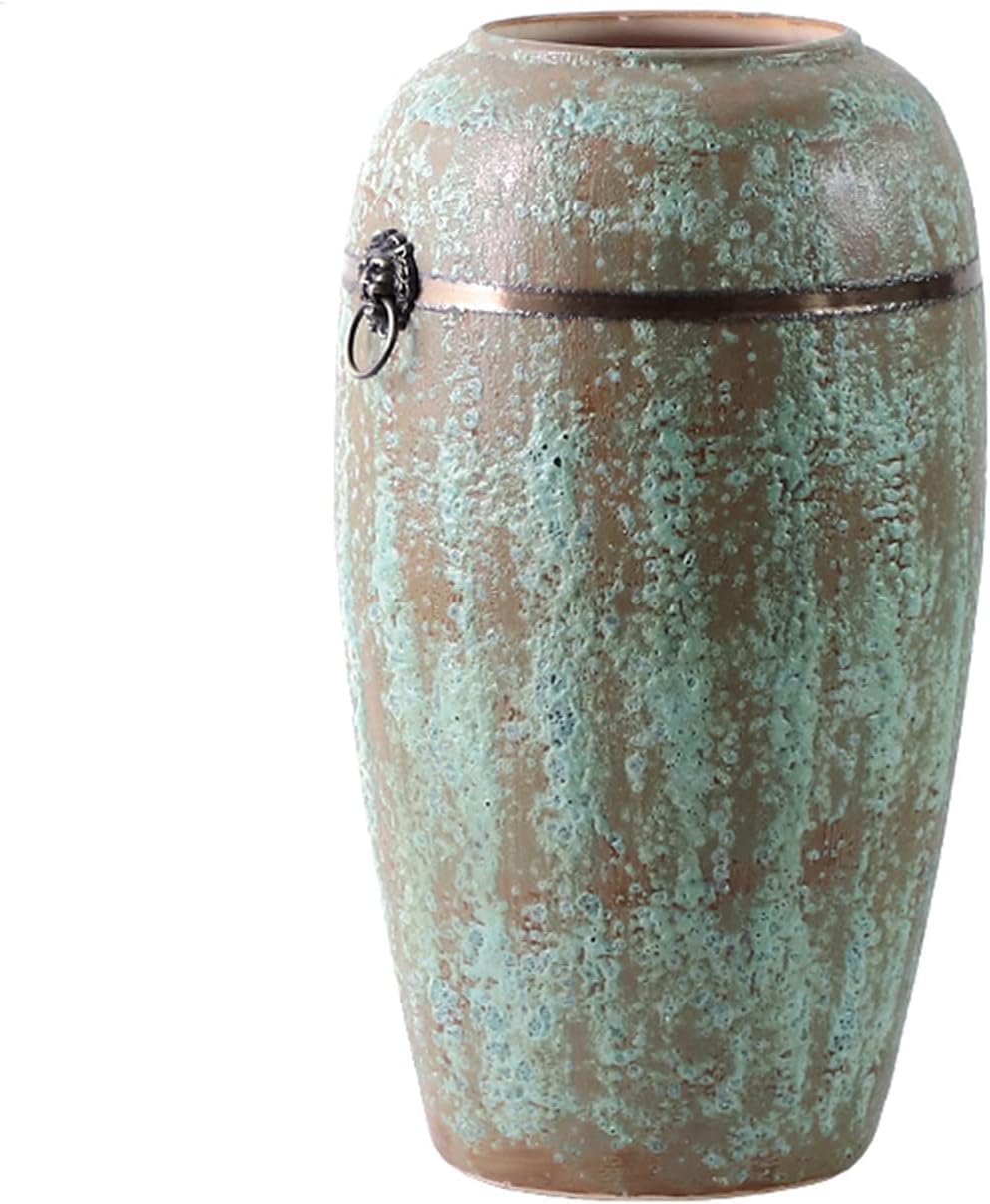 SnamicE Vase Tabletop Ceramic Vase Handmade Floor Stoneware Vase Retro Pottery Jar Creative Bubble Glaze Vases with Iron Ring Decor,One Color-28 * 50 cm
