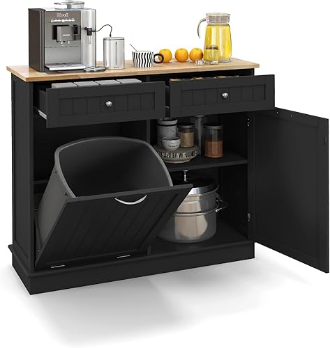 Armario de basura inclinable, isla de cocina con 2 cajones y estante ajustable, encimera de madera de goma, cesta de lavandería independiente,