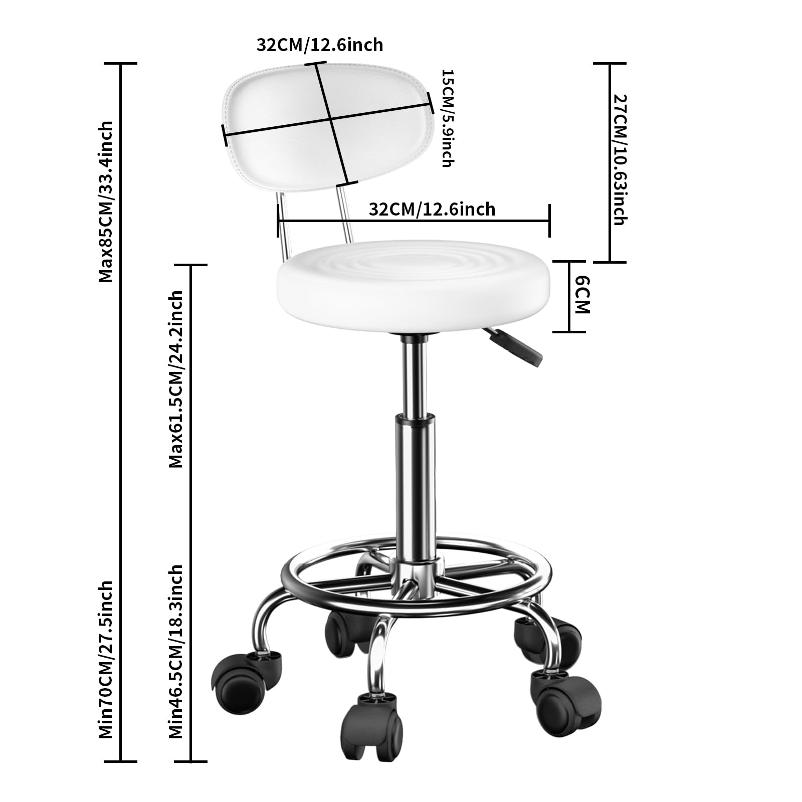 Juego de 2 Taburete Rodante Regulable para Hogar Salón Belleza, Blanca | Sillas Rodante Regulable 46-61cm, Suave Tejido de Piel Sintética, Práctico Pedal Cromado, para Trabajo Estudio Clínica