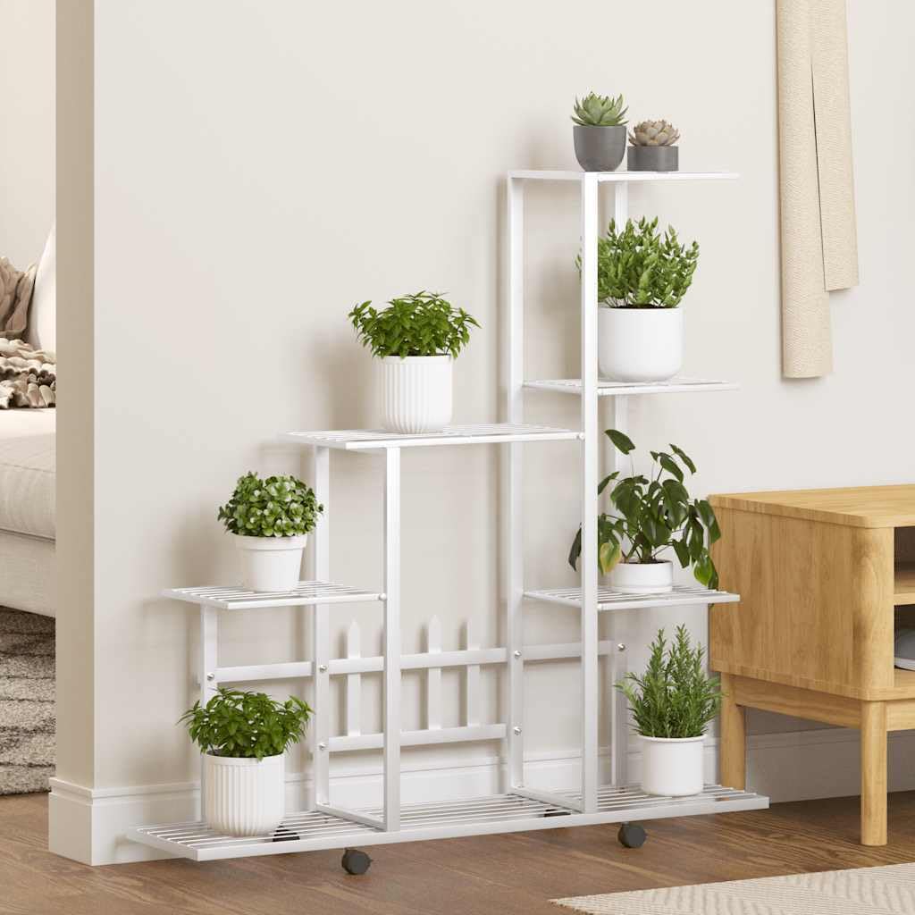 Stojak na kwiaty na kółkach, biały, metalowy, 94,5 x 25 x 92,5 cm, schodek na rośliny i regał na kwiaty, na balkon, taras, do salonu, ogrodu, nowoczesne przechowywanie i dekoracja