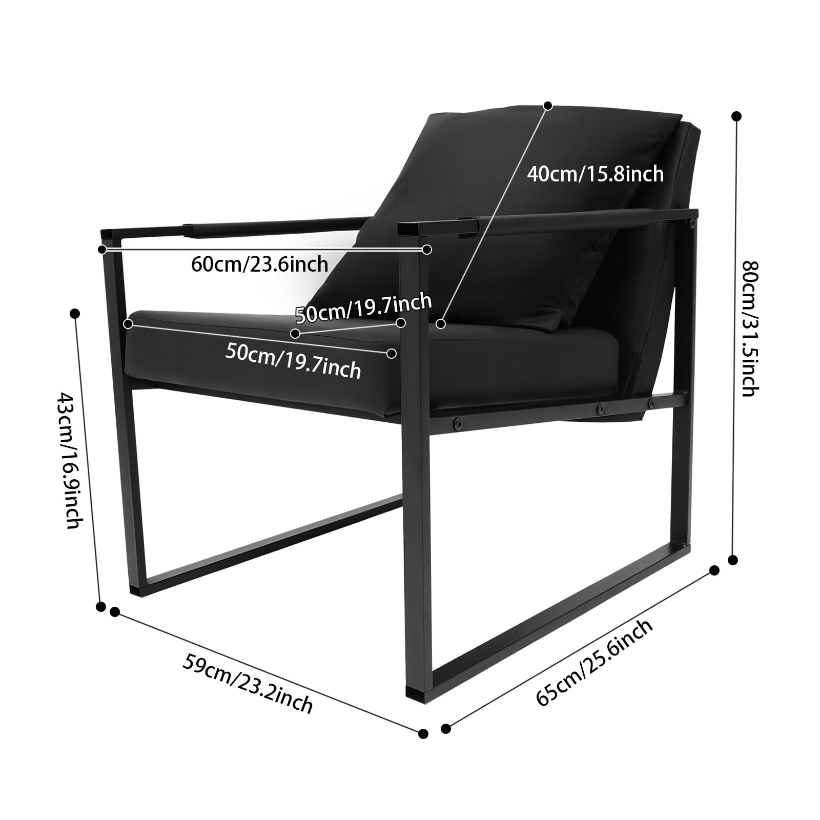 Sillón de salón moderno para el salón, sillón con cojín, diseño ergonómico, funda de piel sintética, cojín de espuma gruesa, marco de metal resistente a los arañazos, oficina, dormitorio, rincón de