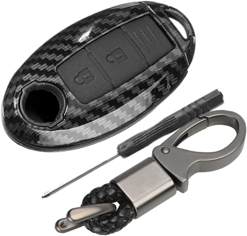 ABS Carbon Fiber Shell+Silicone Car Key Cover Case Keychain for Nissan 350Z Qashqai J10 J11 X-Trail t31 t32 Kicks Tiida Pathfinder Murano Note Juke 3 Buttons (Black)