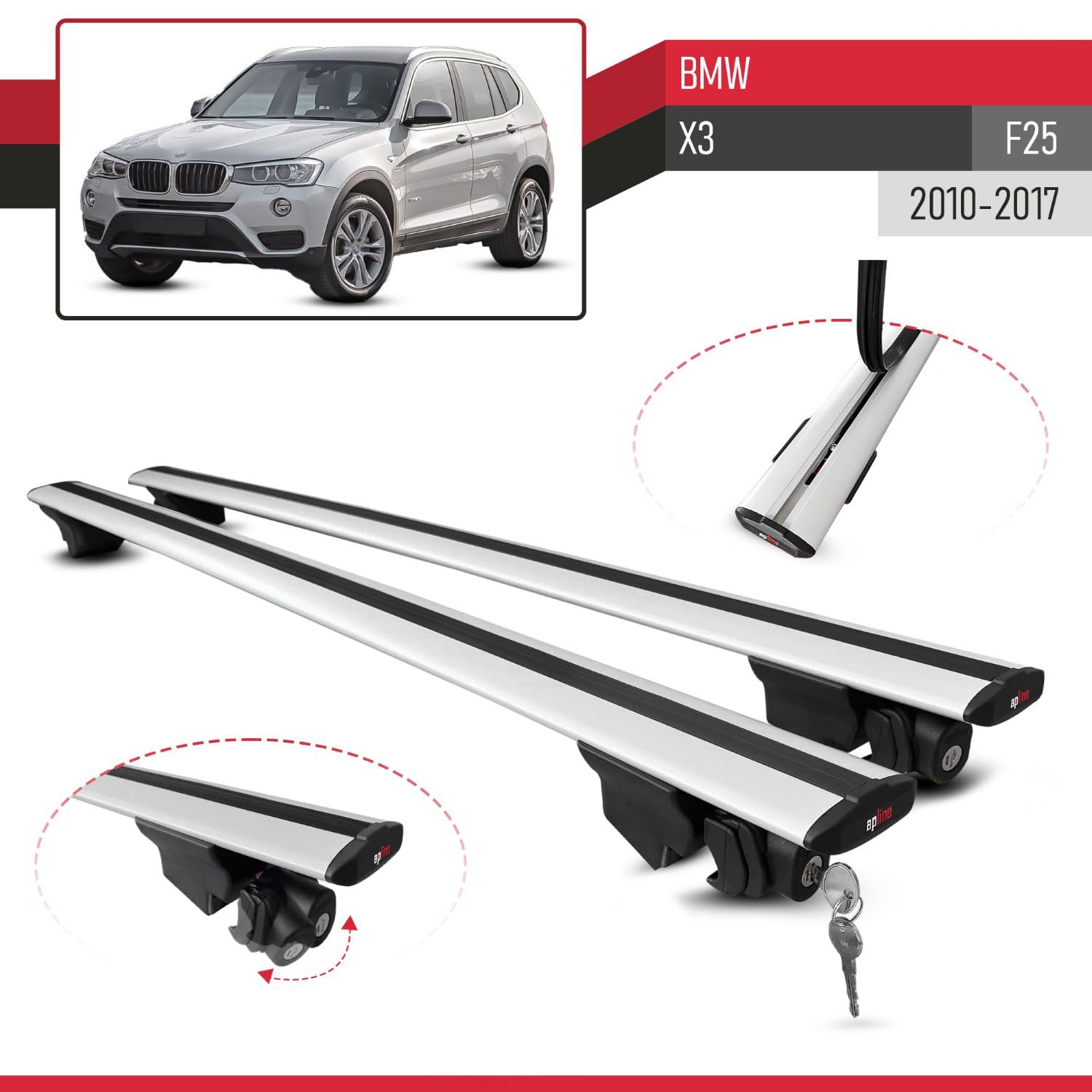 Compatible con BMW X3 (F25) 2010-2017 Modelo Hook Barra de Techo Auto Portaequipajes Barras Transversales Gris Aluminio 2 Barras
