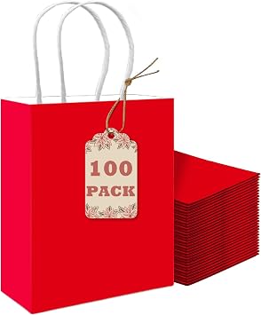 qiqee 100PCS Gift Bag with Handles Bulk Red Paper Bags Multiple Uses 8.3"x3"x6"inch Small Size