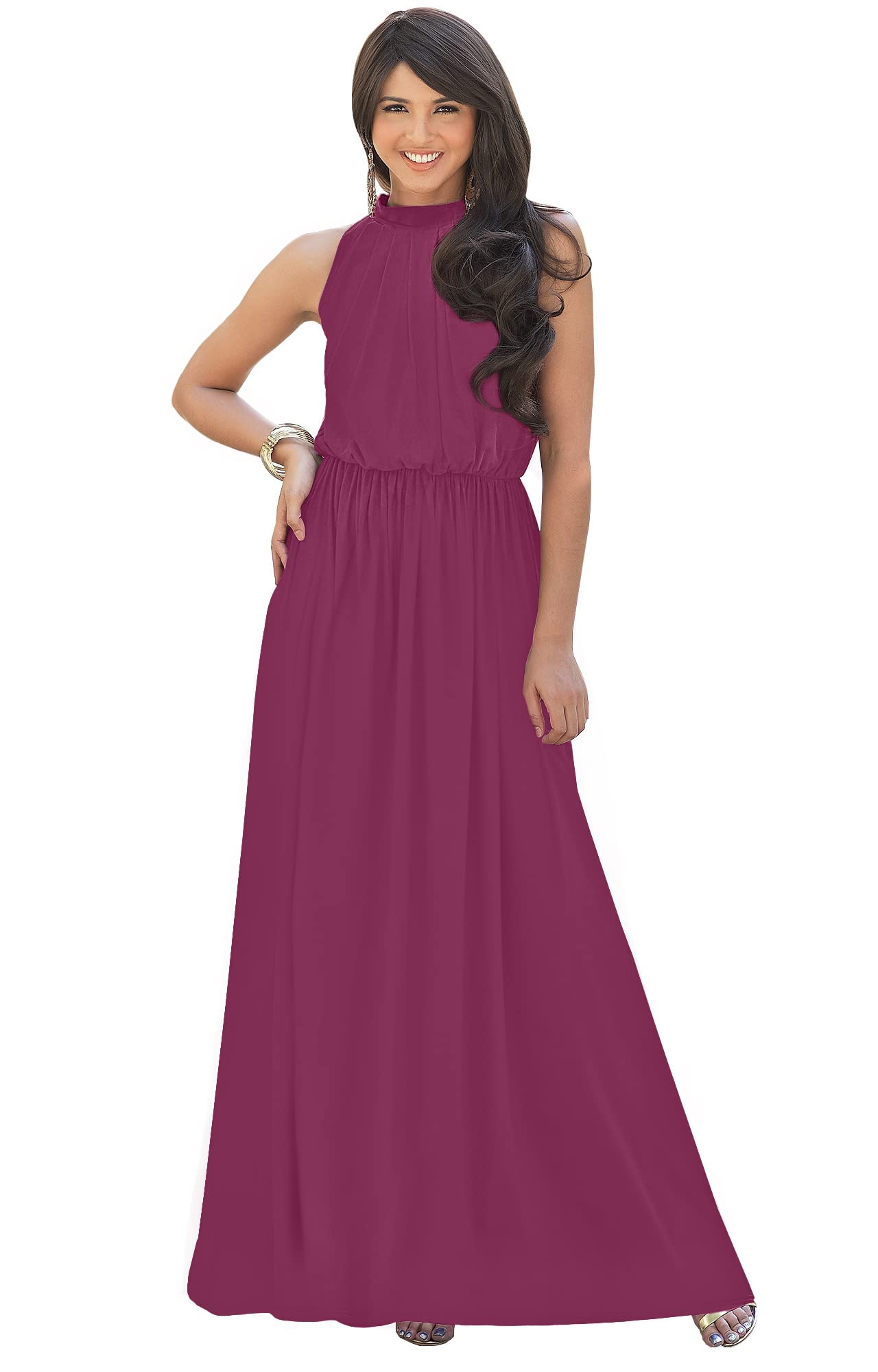 KOH KOH Womens Customized Long Sexy Sleeveless Bridesmaid Halter Neck Wedding Party Guest Summer Casual Brides Formal Evening A-line Gown Gowns Personal Custom Maxi Dress Dresses, Fuchsia Magenta Pink