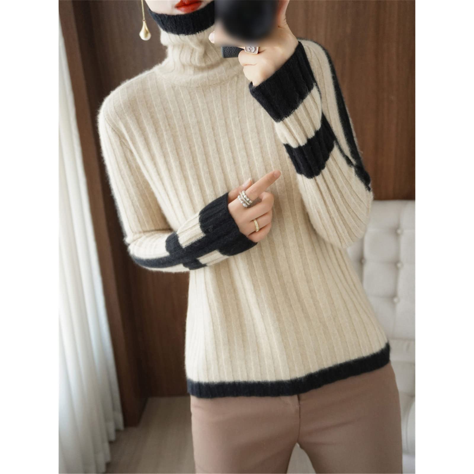 Kelsiop Maglione di cachemire Dolcevita da donna Color-Blocking 100% Lana Pullover Moda Caldo Maglia Bottoming Shirt