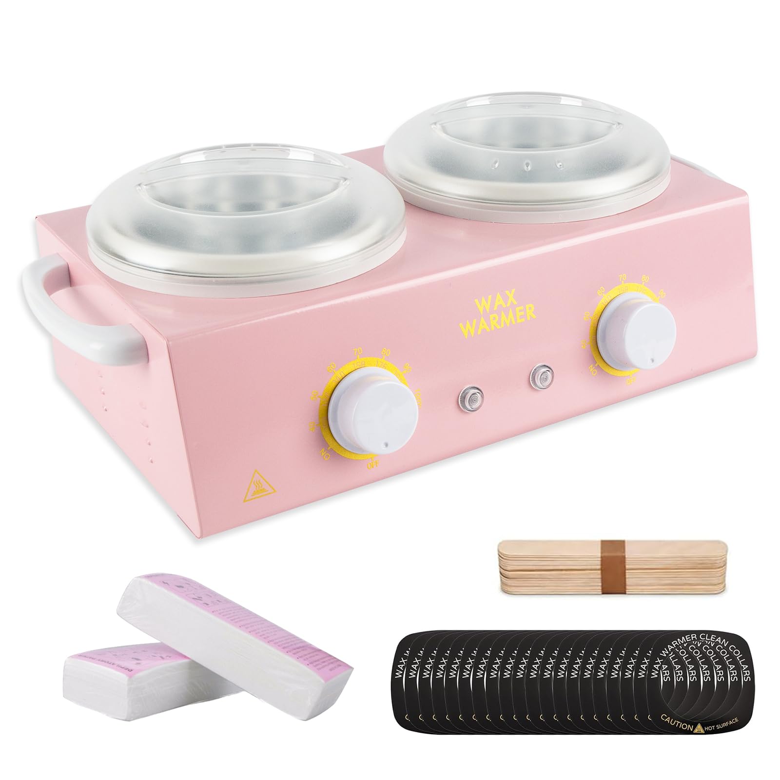 Riscaldatore di cera professionale doppio, 220 V 200 W, scaldacera per depilazione, scaldacera da 1000 ml, con 20 bastoncini, 20 collari e 100 strisce di cera, per saloni, spa e uso domestico (rosa)