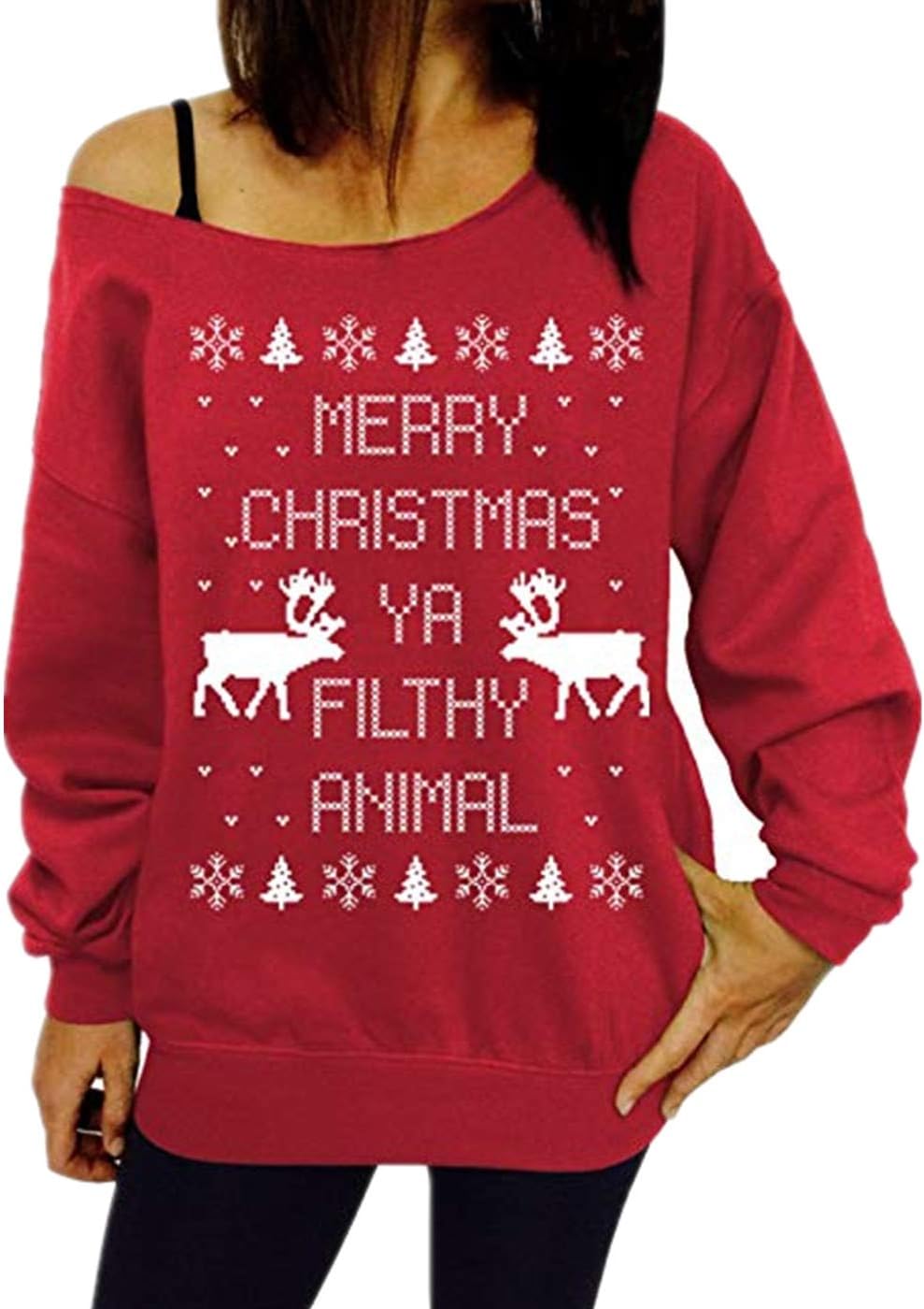 TaiduoshengWomen Off Shoulder Ugly Christmas Sweater Girls Print Reindeer Xmas Tops Pullovers Blouse Plus Size S-3XL