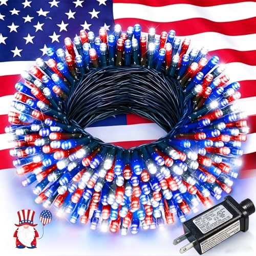 Red White and Blue Lights 66FT 200 LED 4th of July String Lights Outdoor Waterproof 8 Modes Connectable Plug In Patriotic Decorations Light for Indoor Independence Memorial Day Party Holiday