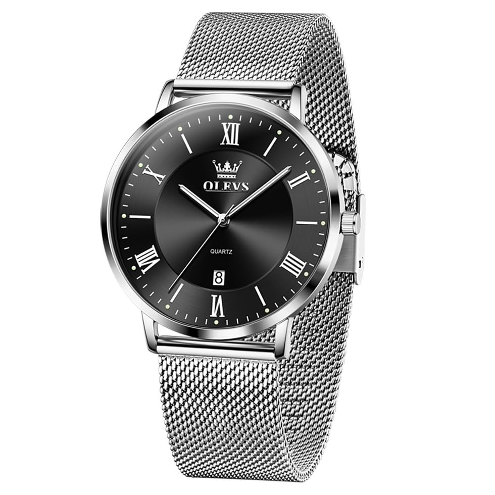 Image of OLEVS Watches for Men Analog Quartz Fashion Dress Analog Quartz Minimalist Simple Slim Thin Stainless Steel Mesh Strap Waterproof Date Mens Watches