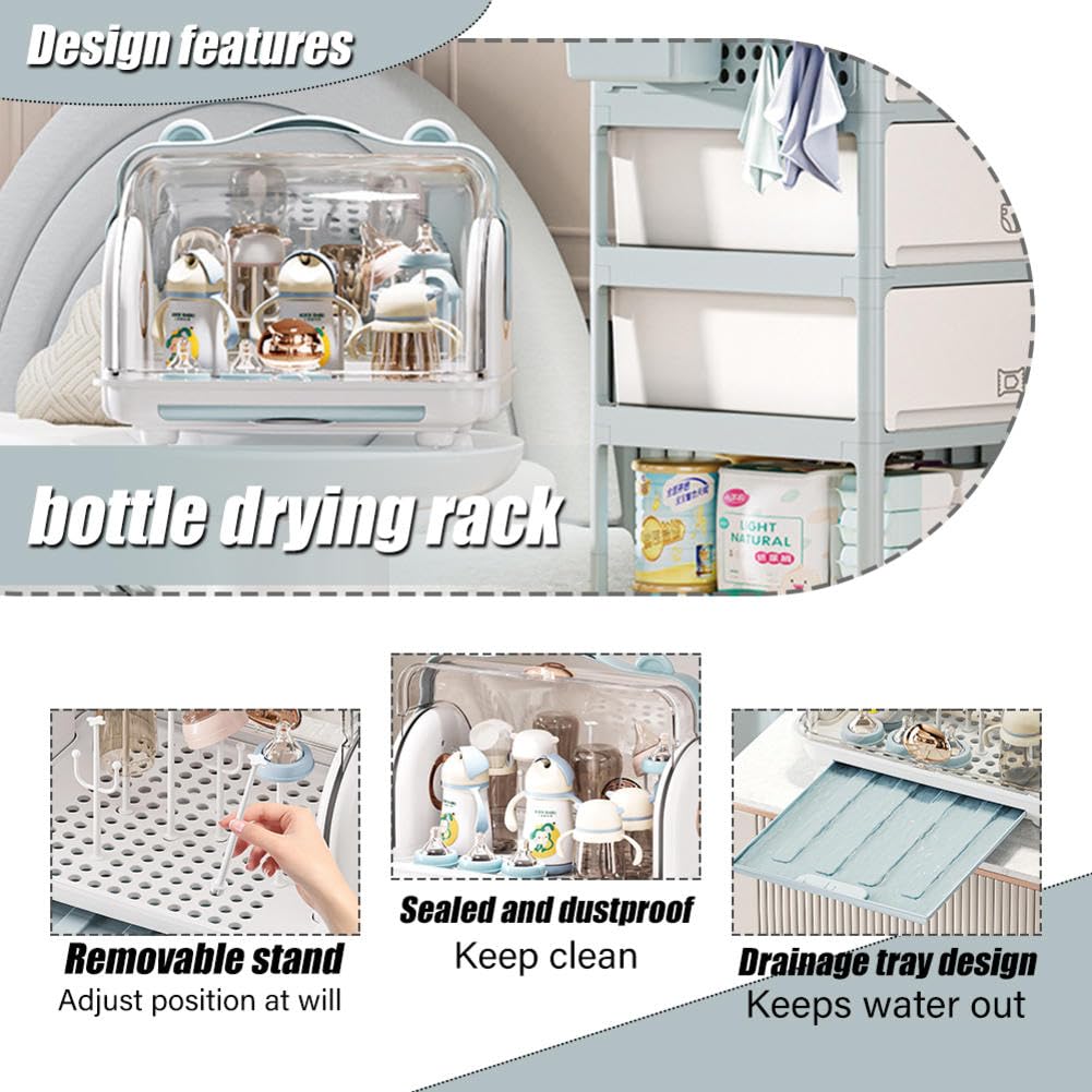 Escurridor portátil para biberones con tapa, diseño vertical, incluye bandeja de drenaje y asa de transporte, ideal para botellas, tazas y platillos, ahorra espacio y es eficiente
