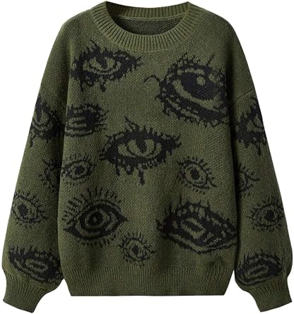 Melliflo Women Oversized Round Neck Sweater Pullover Fashion Goth Sweater for Women Plus Size Eye Pattern Long Sleeve Sweater